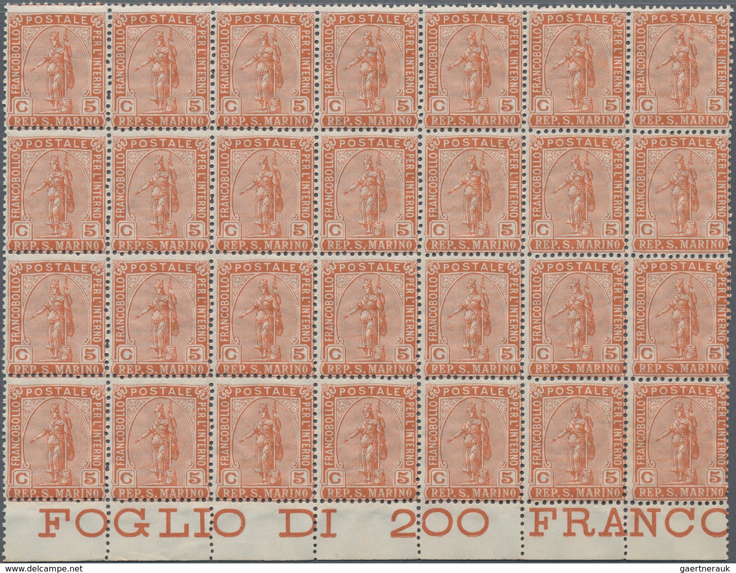 San Marino: 1899, Domestic Definitive 5c. Brown-orange (goddess) In A Lot With 1.200 Stamps Mostly I - Gebraucht