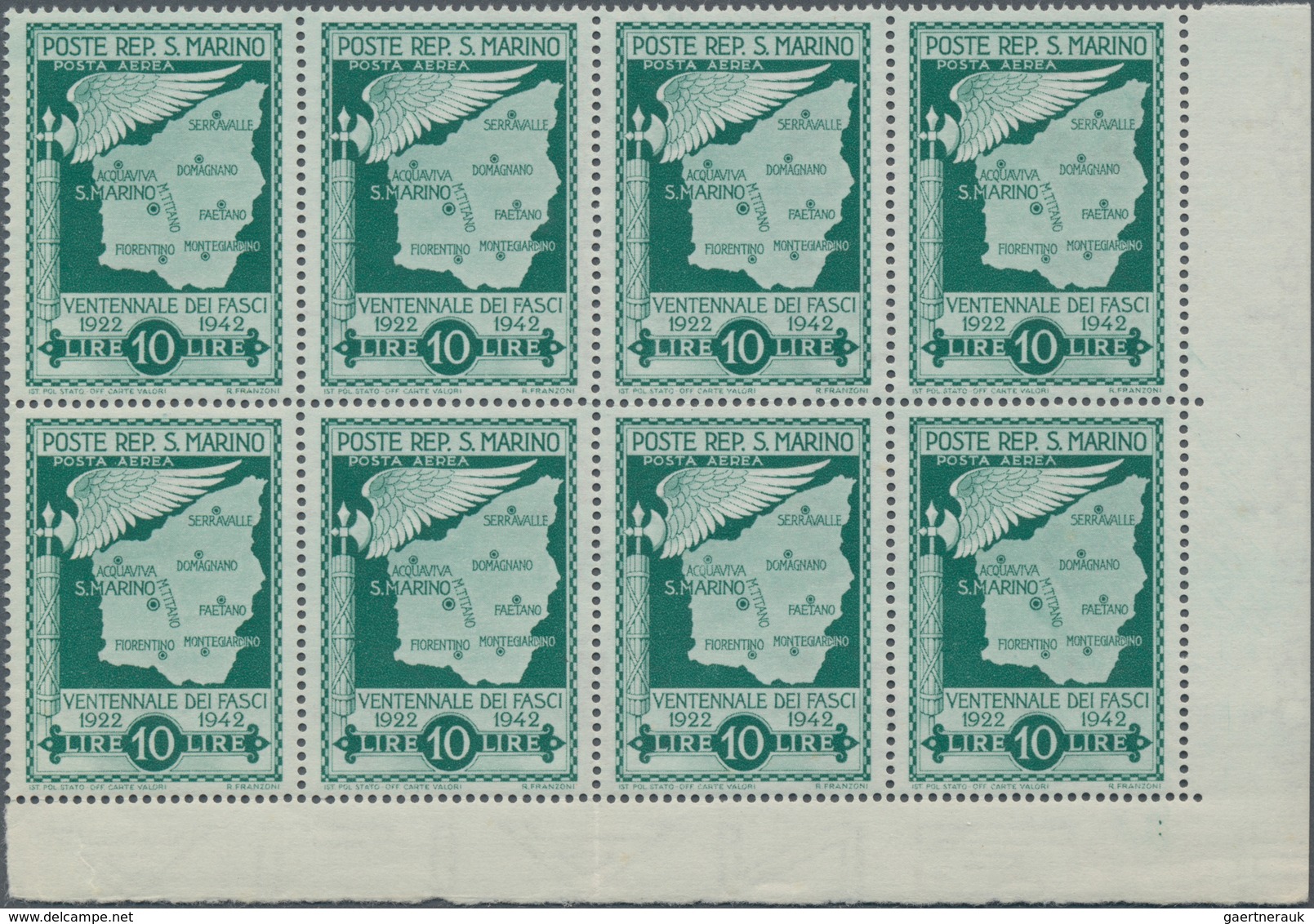 San Marino: 1943, Downfall Of Facism UNISSUED Airmail Stamp 10lire Green Without Overprint In A Lot - Gebraucht