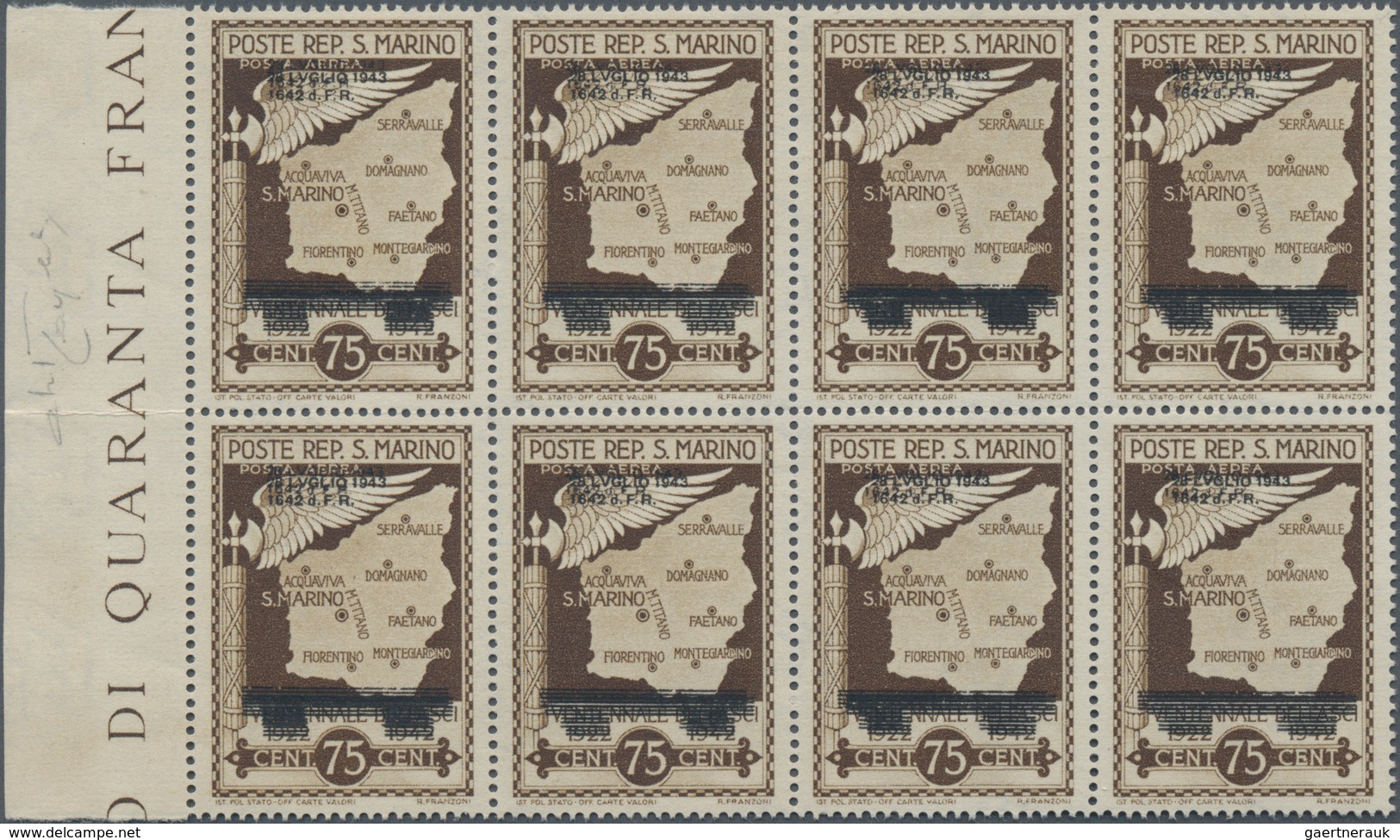 San Marino: 1943, Downfall Of Facism UNISSUED Airmail Stamp 75c. Dark Brown With DOUBLE OVERPRINT ‚2 - Usados