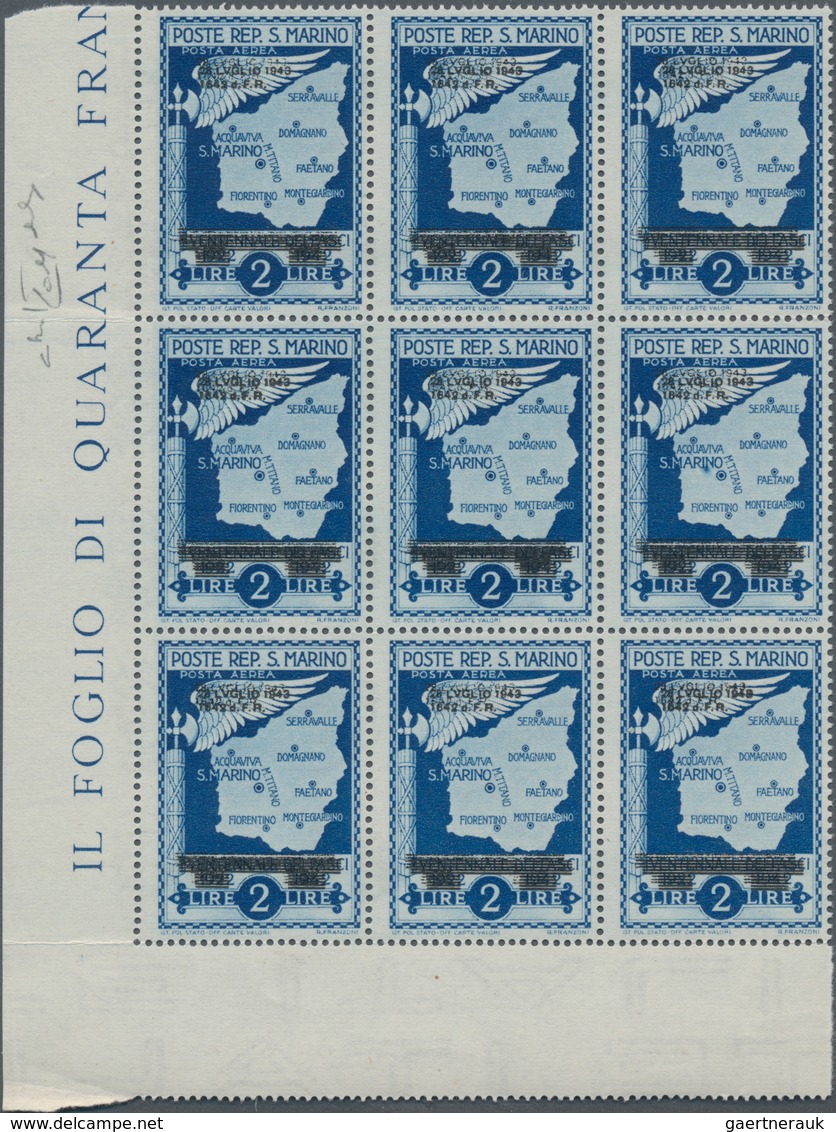 San Marino: 1943, Downfall Of Facism UNISSUED Airmail Stamp 2lire Deep Blue With DOUBLE OVERPRINT ‚2 - Usados