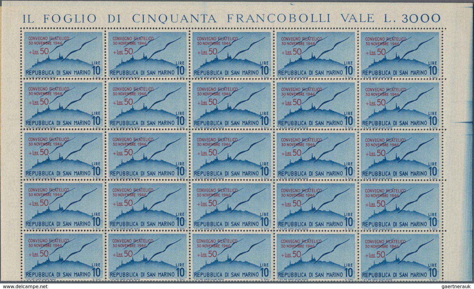 San Marino: 1946, Airmail Stamps With Overprint Philatelic Congress, Full Sheet Of 50 Stamps (one Ti - Usados