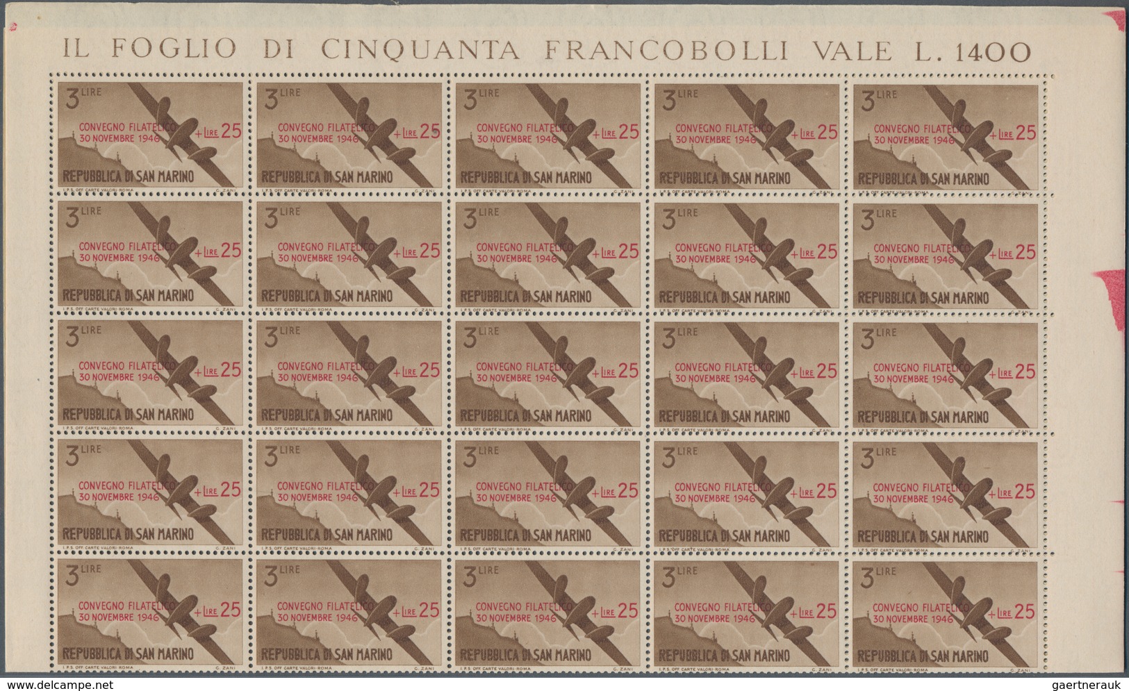 San Marino: 1946, Airmail Stamps With Overprint Philatelic Congress, Full Sheet Of 50 Stamps (one Ti - Usados