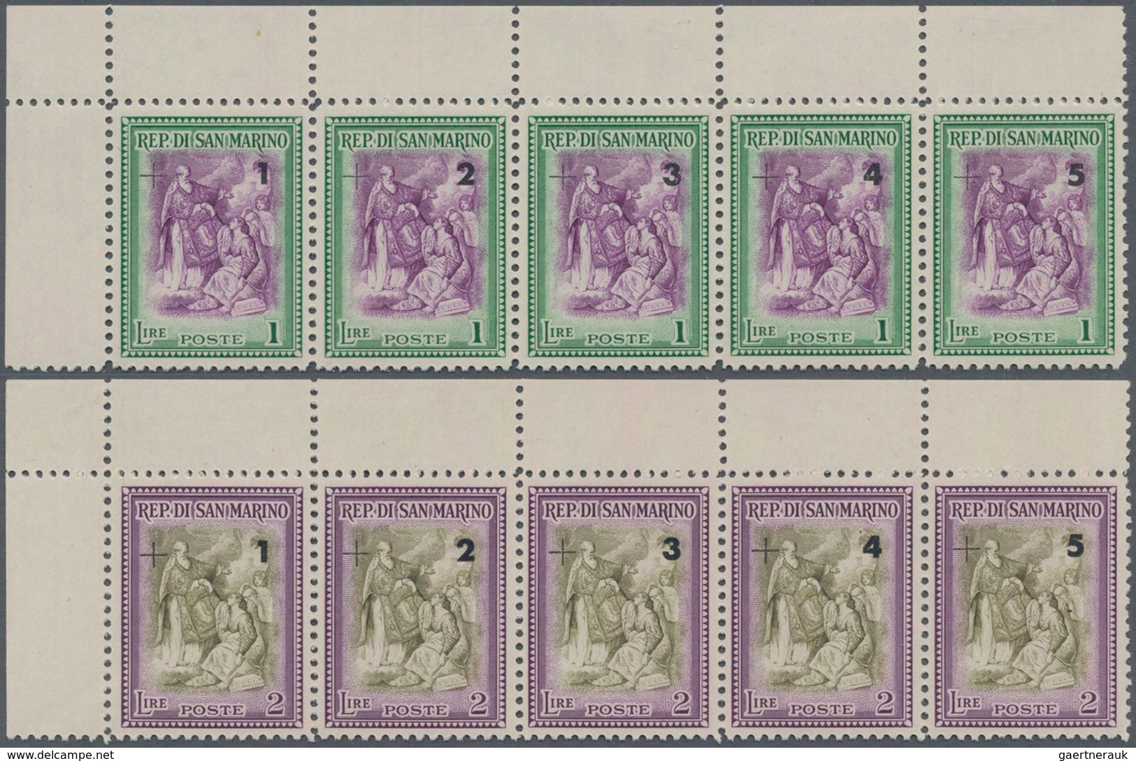 San Marino: 1947, Reconstruction (Batoni Painting) Complete Set Of Twelve With Different Surcharges - Usados