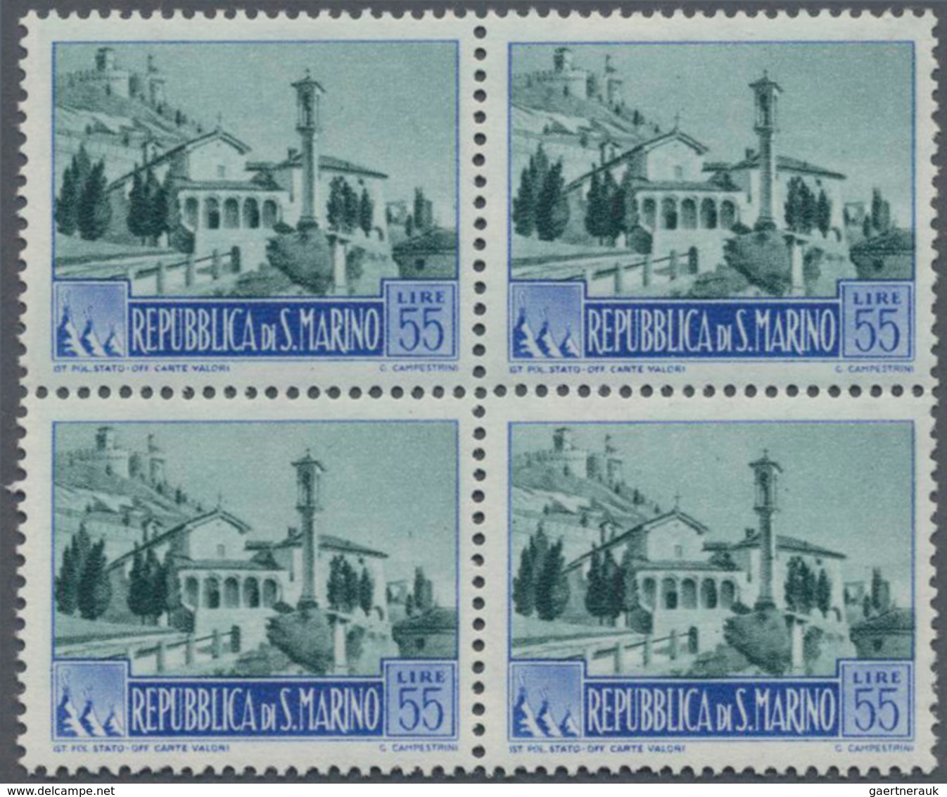 San Marino: 1950, Definitive Issue 55l. Green/blue ‚Franciscan Monastery‘ In A Lot With Six Blocks O - Gebraucht