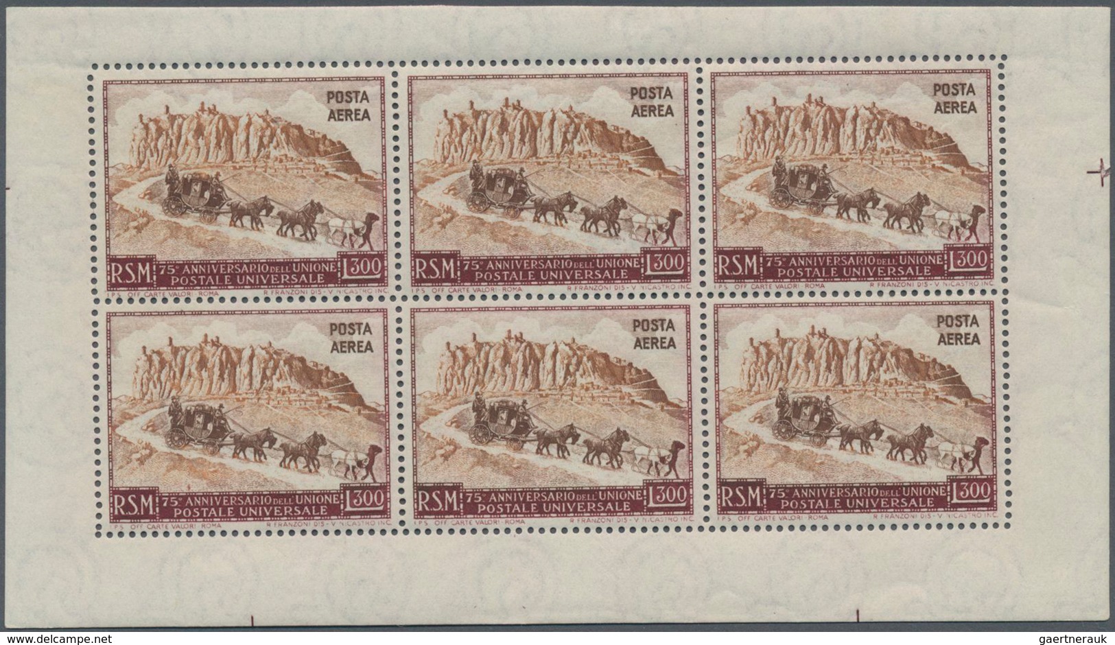 San Marino: 1951, 75 Years United Postal Union (UPU) 300l. Brown/brown-carmine ‚six-horse-carriage‘ - Usados