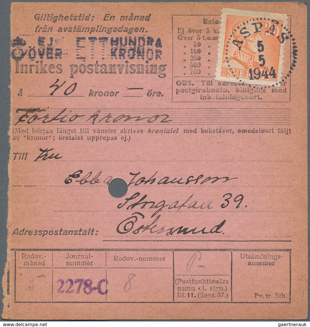 Schweden: 1944, Holding Of Apprx. 600 Money Orders, Showing Various Rates And Attractive Diversity O - Cartas & Documentos