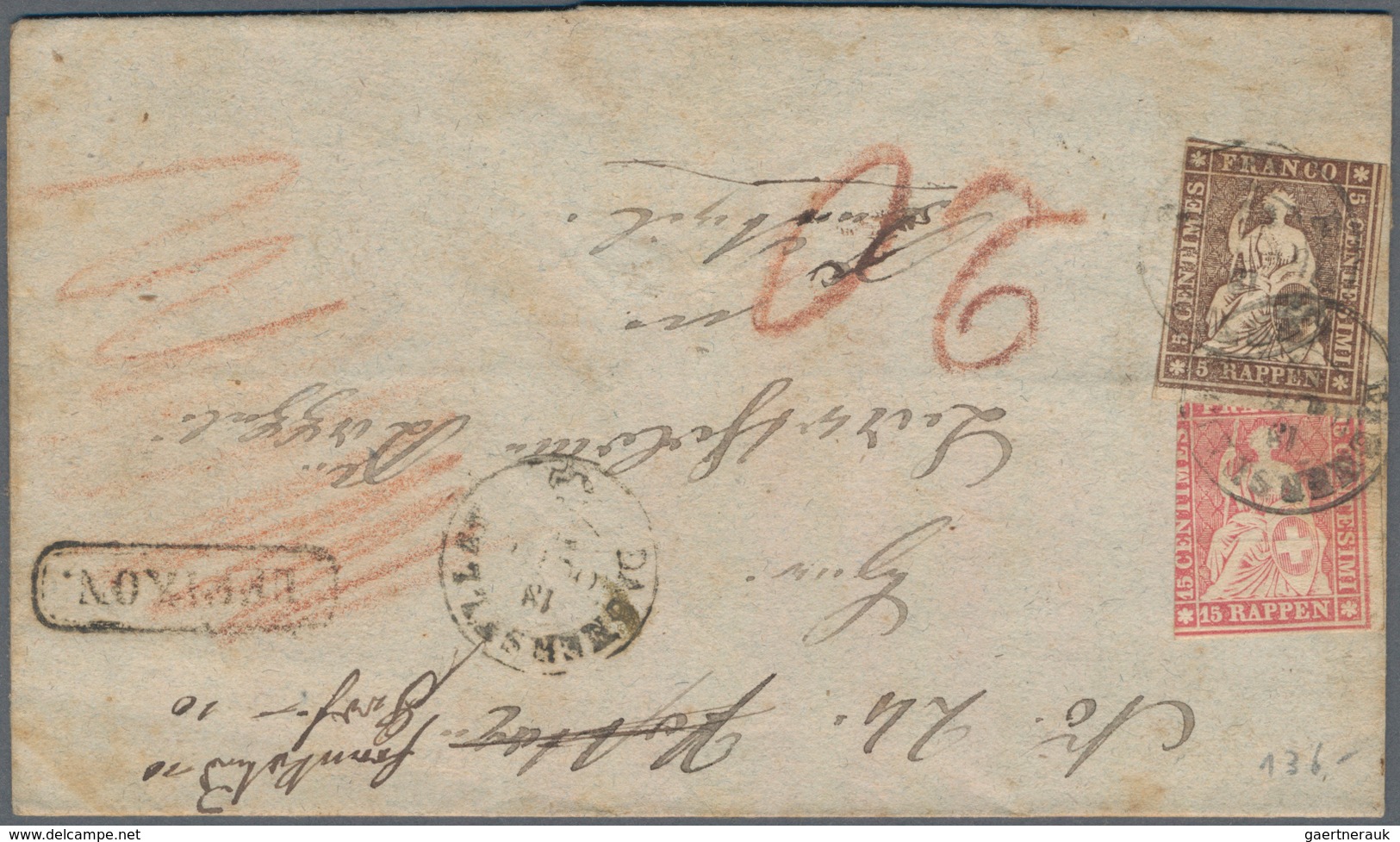 Schweiz: 1852/1900 (ca.), Vielseitiger Posten Von Rund 150 Belegen Ab Rayon Mit Farbfrankatur, Paar - Lotes/Colecciones