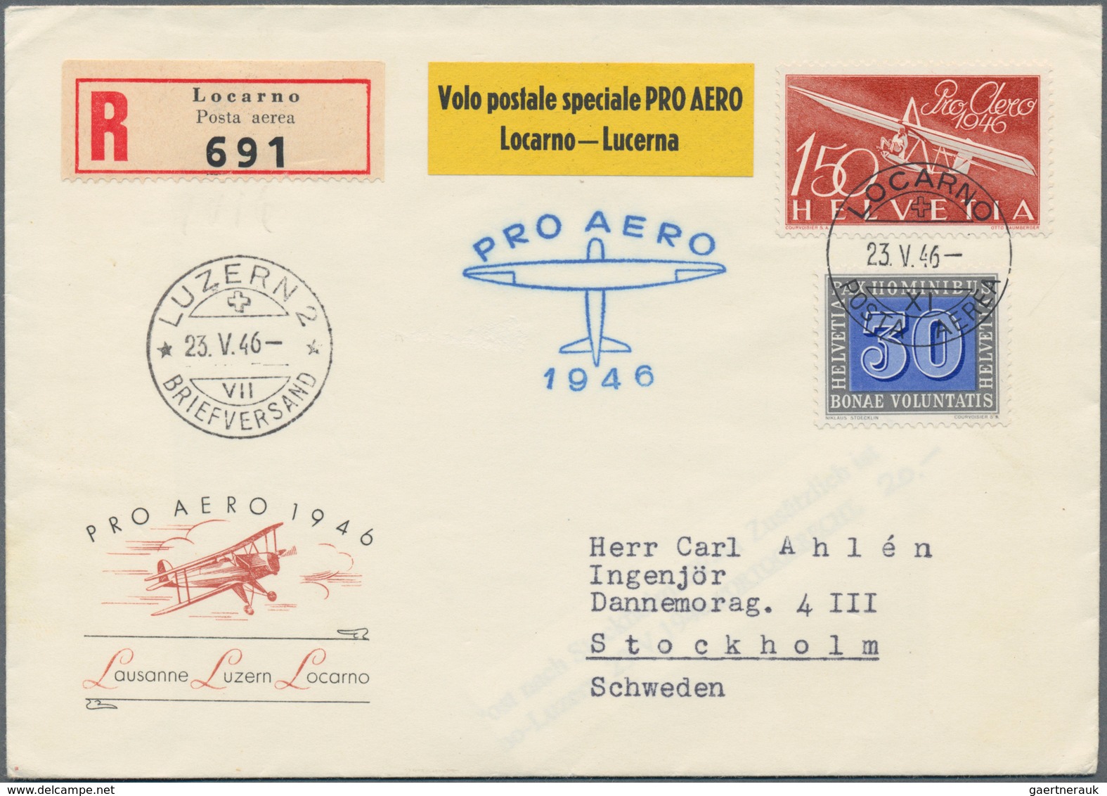 Schweiz: 1946, 6 Briefe Für PRO AERO 1946 Mit Sondermarke Und Unterschiedlichen Flugrouten (KW 360,- - Sammlungen
