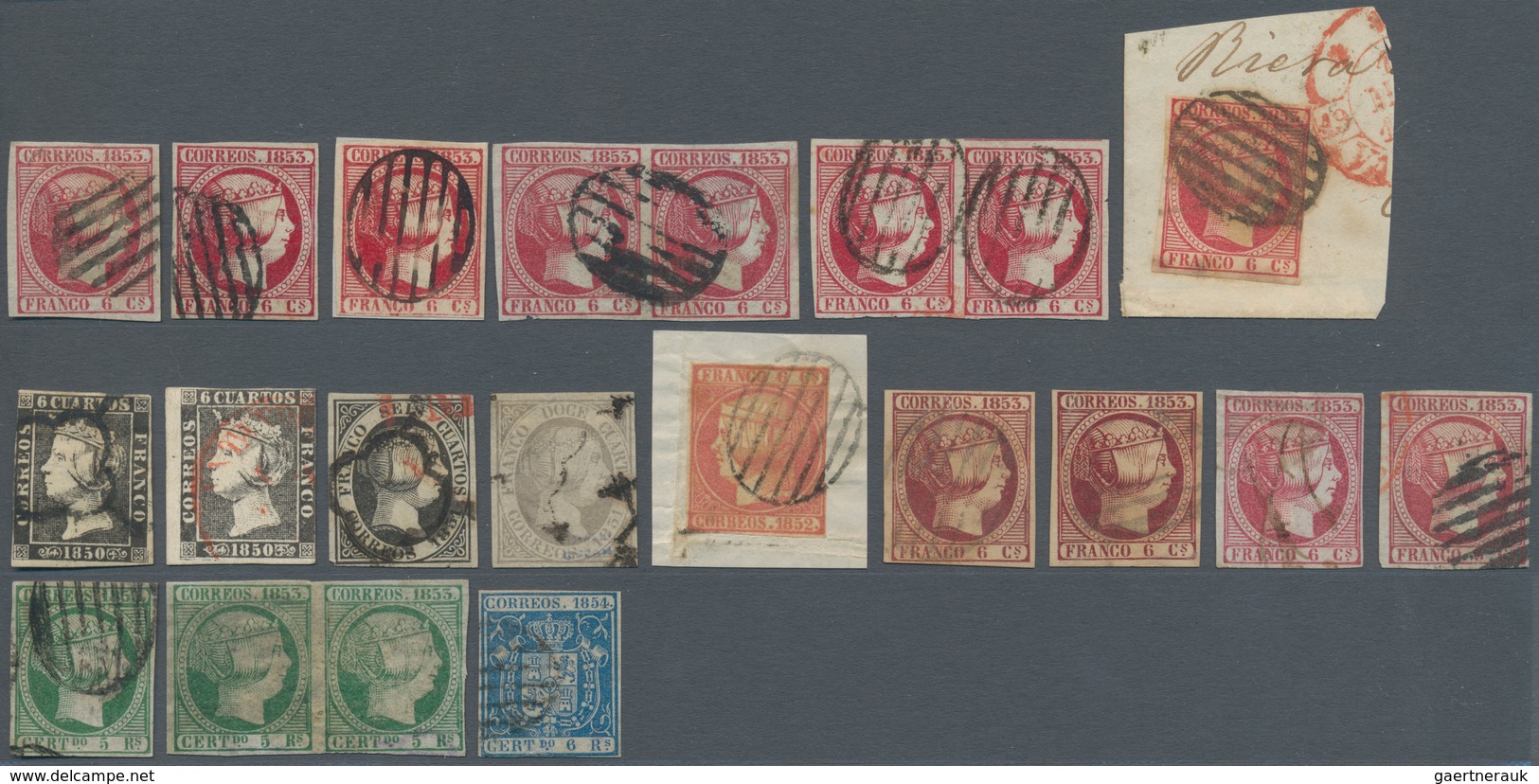 Spanien: 1850/1854, Lot Of 27 Classic Stamps Incl. Some Pairs, Nice Range Of Postmarks, Attractive P - Gebraucht
