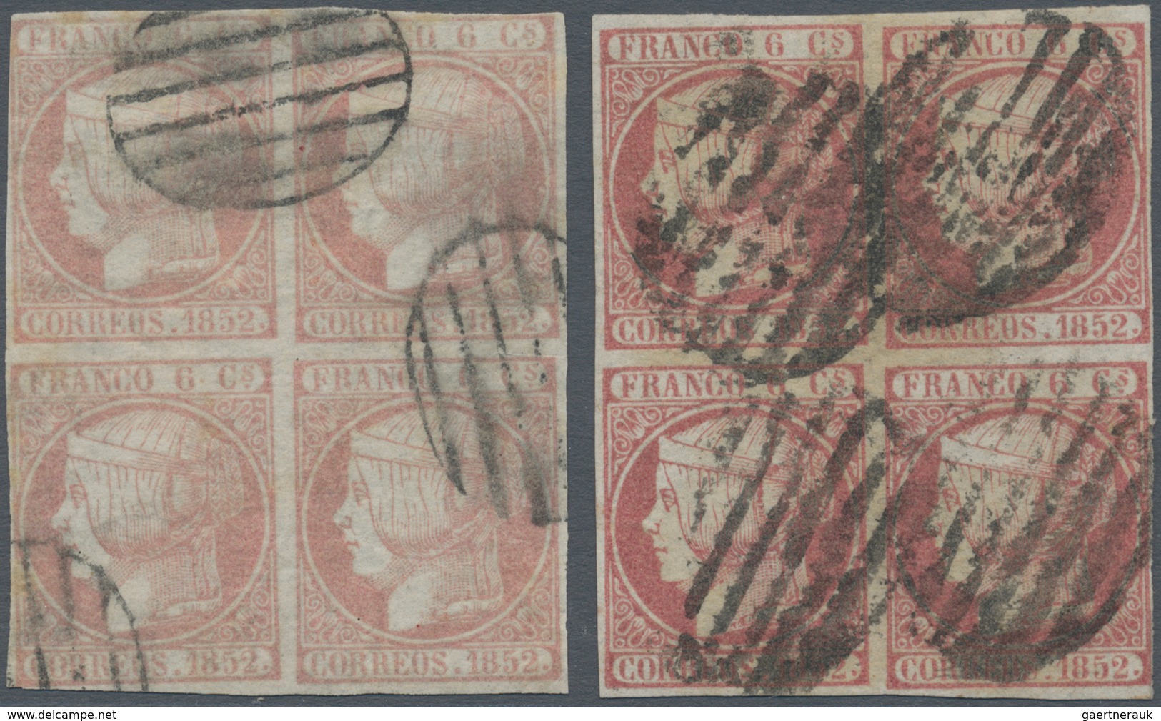 Spanien: 1852, Used Lot Of 20 Stamps Incl. Two Blocks Of Four And One Pair, Enclosed Is One Certific - Used Stamps