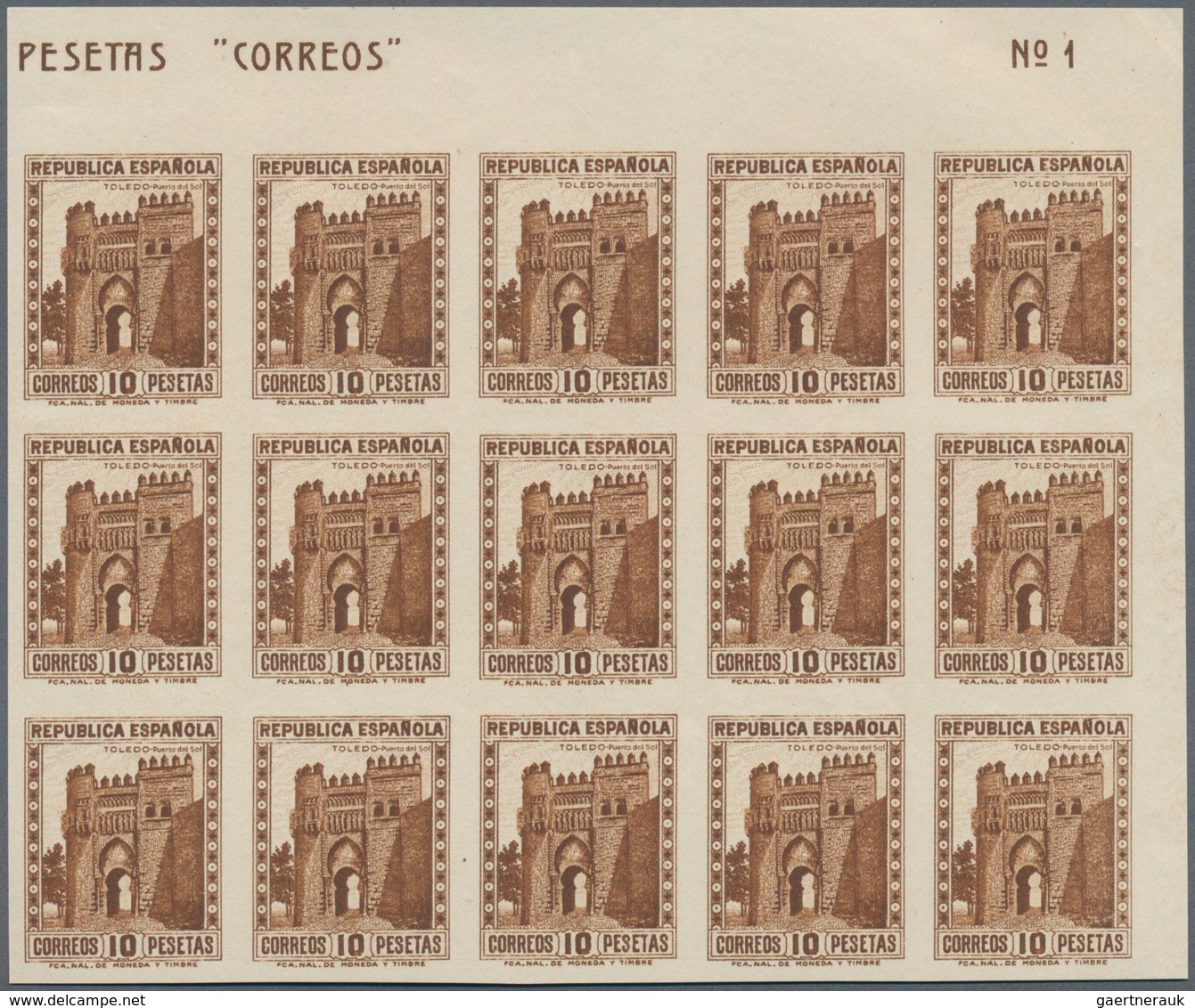 Spanien: 1932, Toldeo Sun Gate 10pta. Brown In A Lot With Approx. 600 IMPERFORATE Stamps Incl. Many - Usados