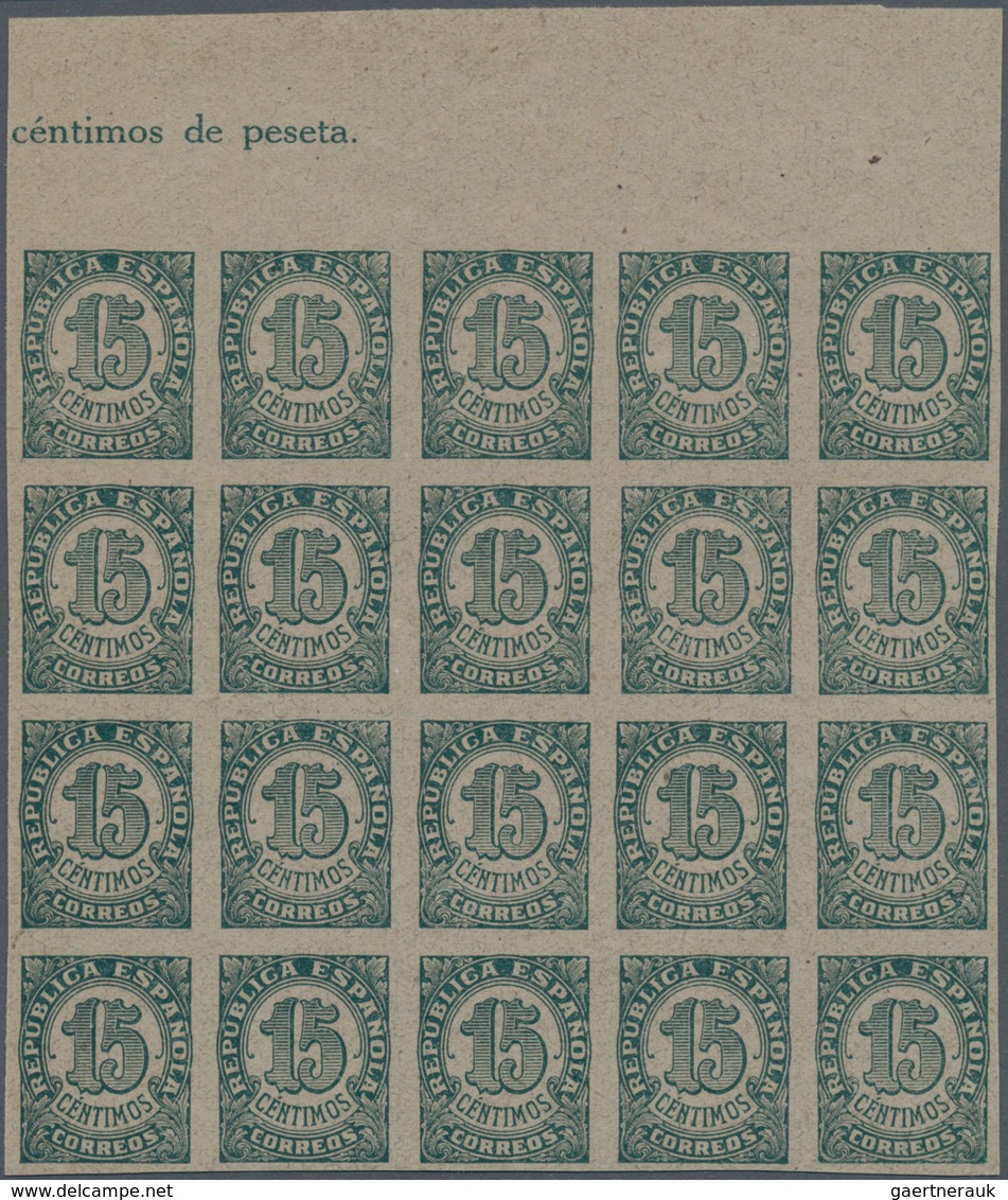 Spanien: 1938, Numeral Definitive 15c. Blue-green On Grey Paper (shades!) In A Lot With About 850 IM - Gebraucht