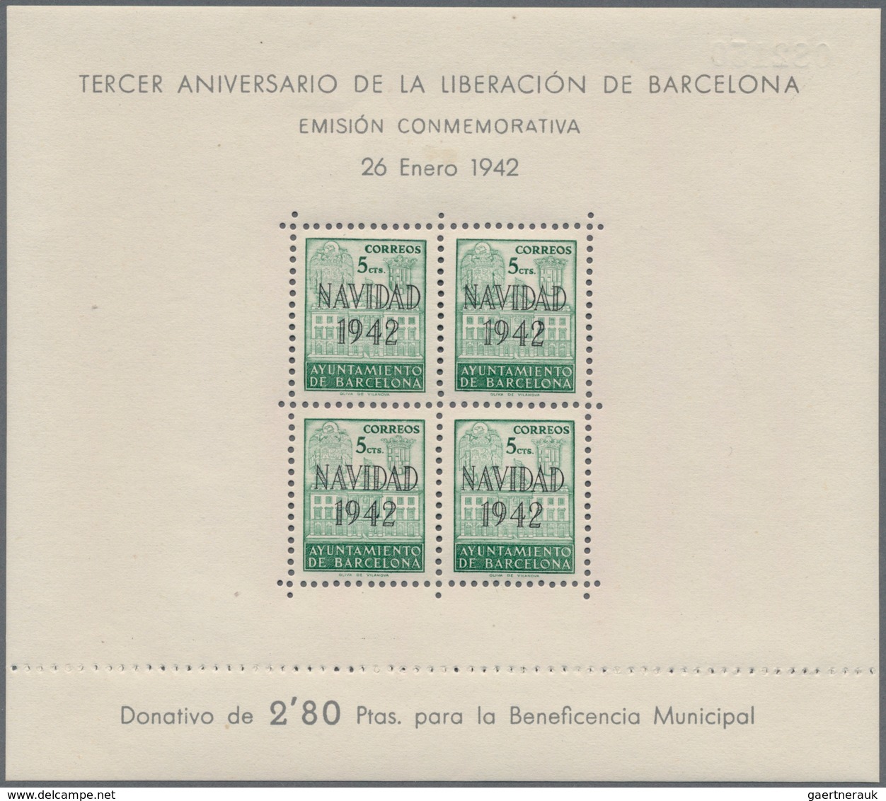 Spanien - Zwangszuschlagsmarken Für Barcelona: 1942, Town Hall Of Barcelona Miniature Sheets 4 X 5c. - Kriegssteuermarken