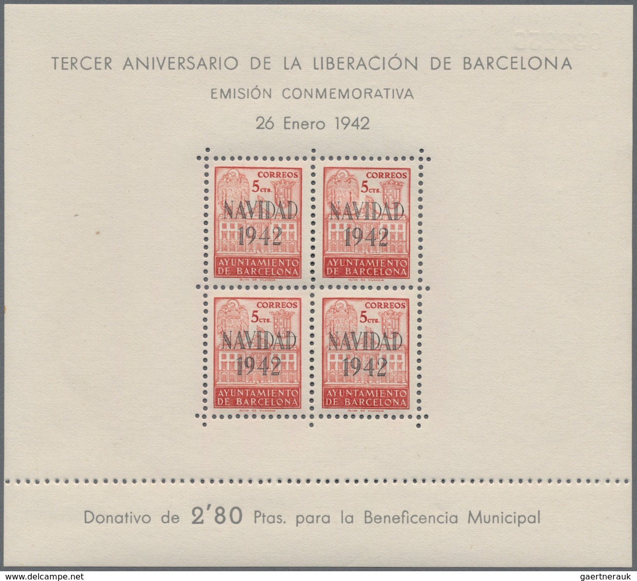 Spanien - Zwangszuschlagsmarken Für Barcelona: 1942, Town Hall Of Barcelona Miniature Sheets 4 X 5c. - Impuestos De Guerra