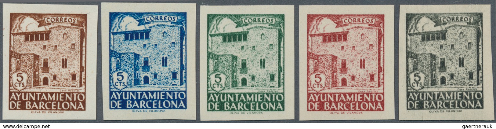 Spanien - Zwangszuschlagsmarken Für Barcelona: 1943, Casa Padellás Set Of Five IMPERFORATE 5c. Stamp - Impuestos De Guerra