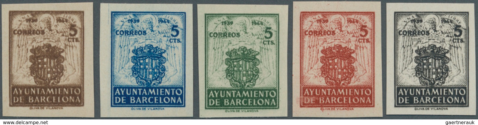 Spanien - Zwangszuschlagsmarken Für Barcelona: 1944, Coat Of Arms Set Of Five IMPERFORATE 5c. Stamps - Kriegssteuermarken