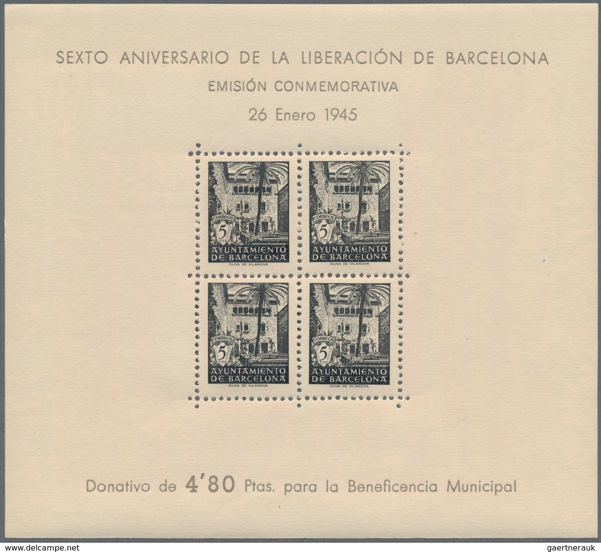 Spanien - Zwangszuschlagsmarken Für Barcelona: 1945, Casa Del Arcediano Prepared But UNISSUED Miniat - Kriegssteuermarken