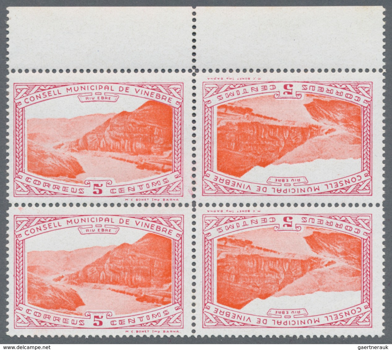 Spanien - Lokalausgaben: 1937, VINEBRE: Accumulation Of Local 5 Cents Stamps 'CONSELL MUNICIPAL DE V - Emisiones Nacionalistas