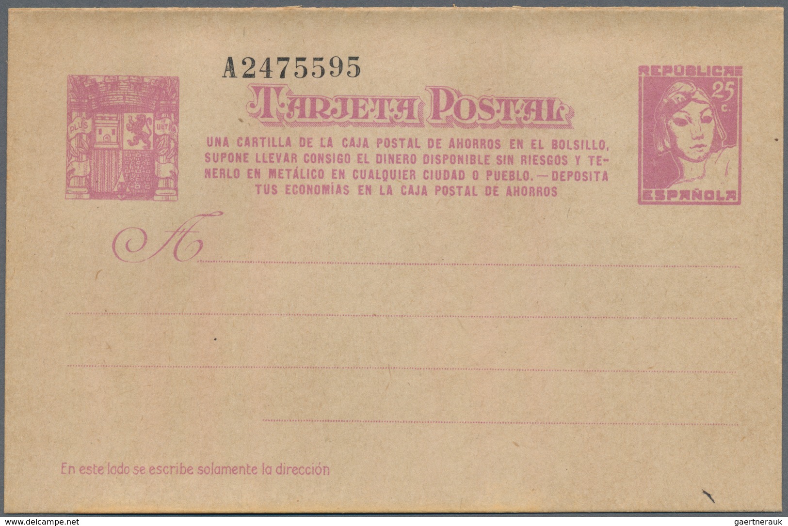 Spanien - Ganzsachen: 1937, Stat. Postcard ‚Matrona‘ 25c. Lilac With Additional Four-line Annotation - 1850-1931