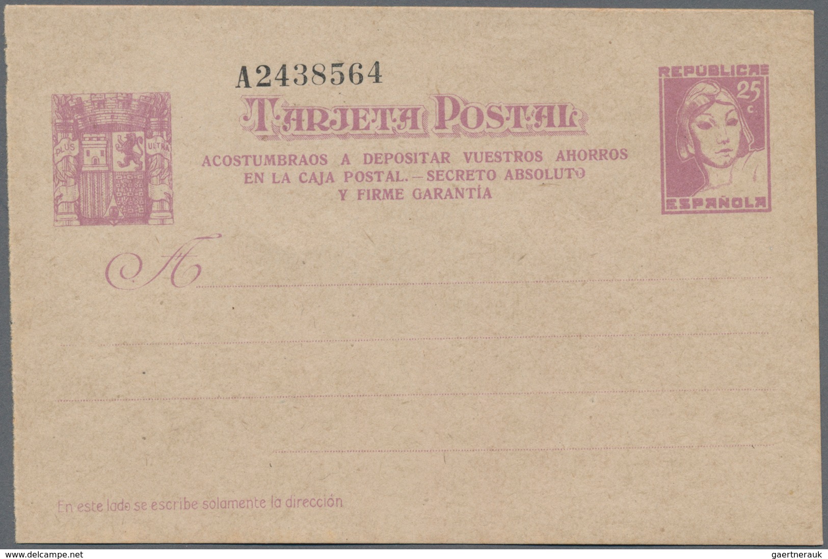 Spanien - Ganzsachen: 1937, Stat. Postcard ‚Matrona‘ 25c. Lilac With Additional Three-line Annotatio - 1850-1931