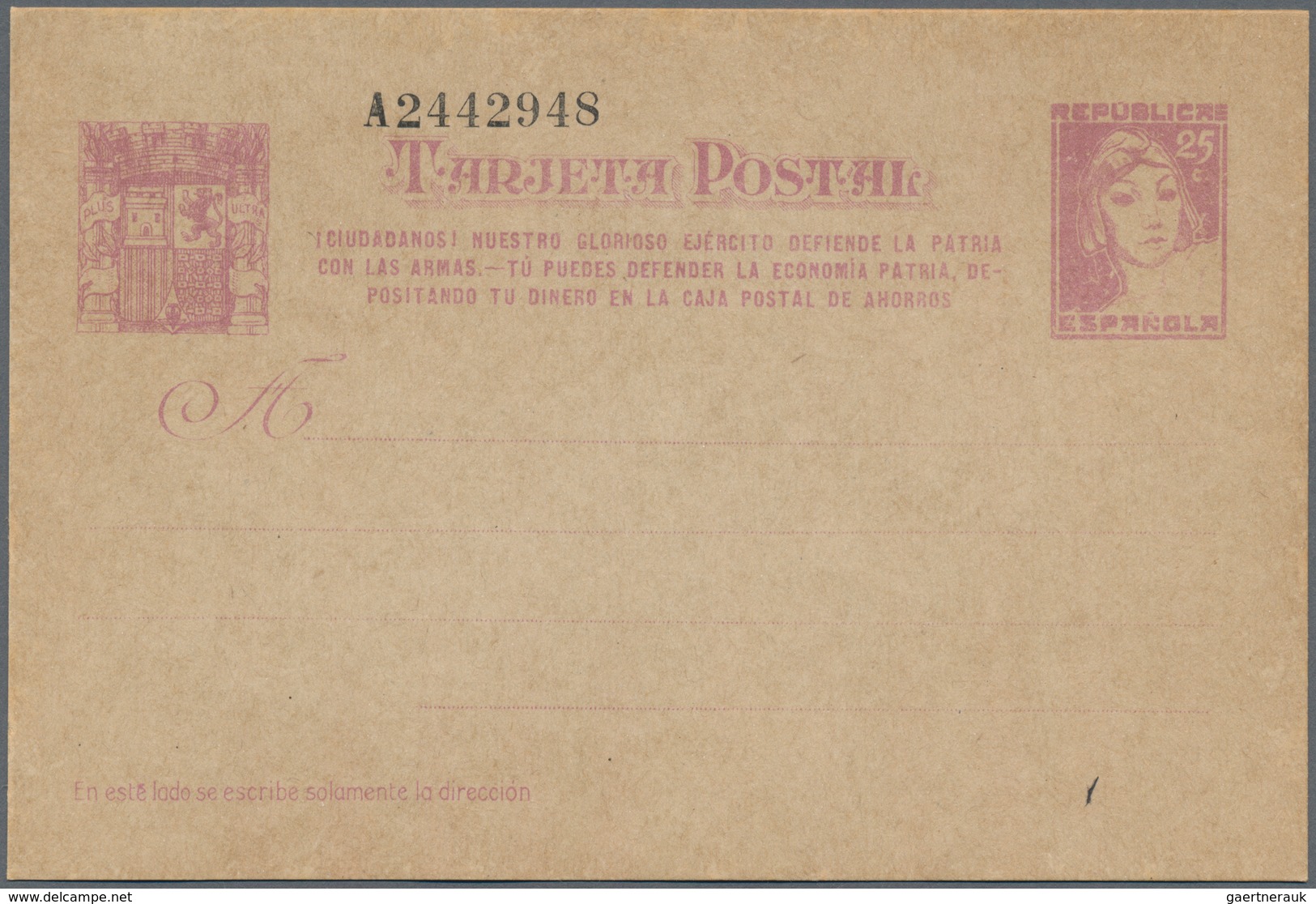 Spanien - Ganzsachen: 1937, Stat. Postcard ‚Matrona‘ 25c. Lilac With Additional Three-line Annotatio - 1850-1931