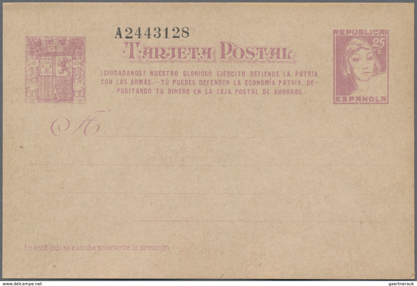 Spanien - Ganzsachen: 1937, Stat. Postcard ‚Matrona‘ 25c. Lilac With Additional Three-line Annotatio - 1850-1931