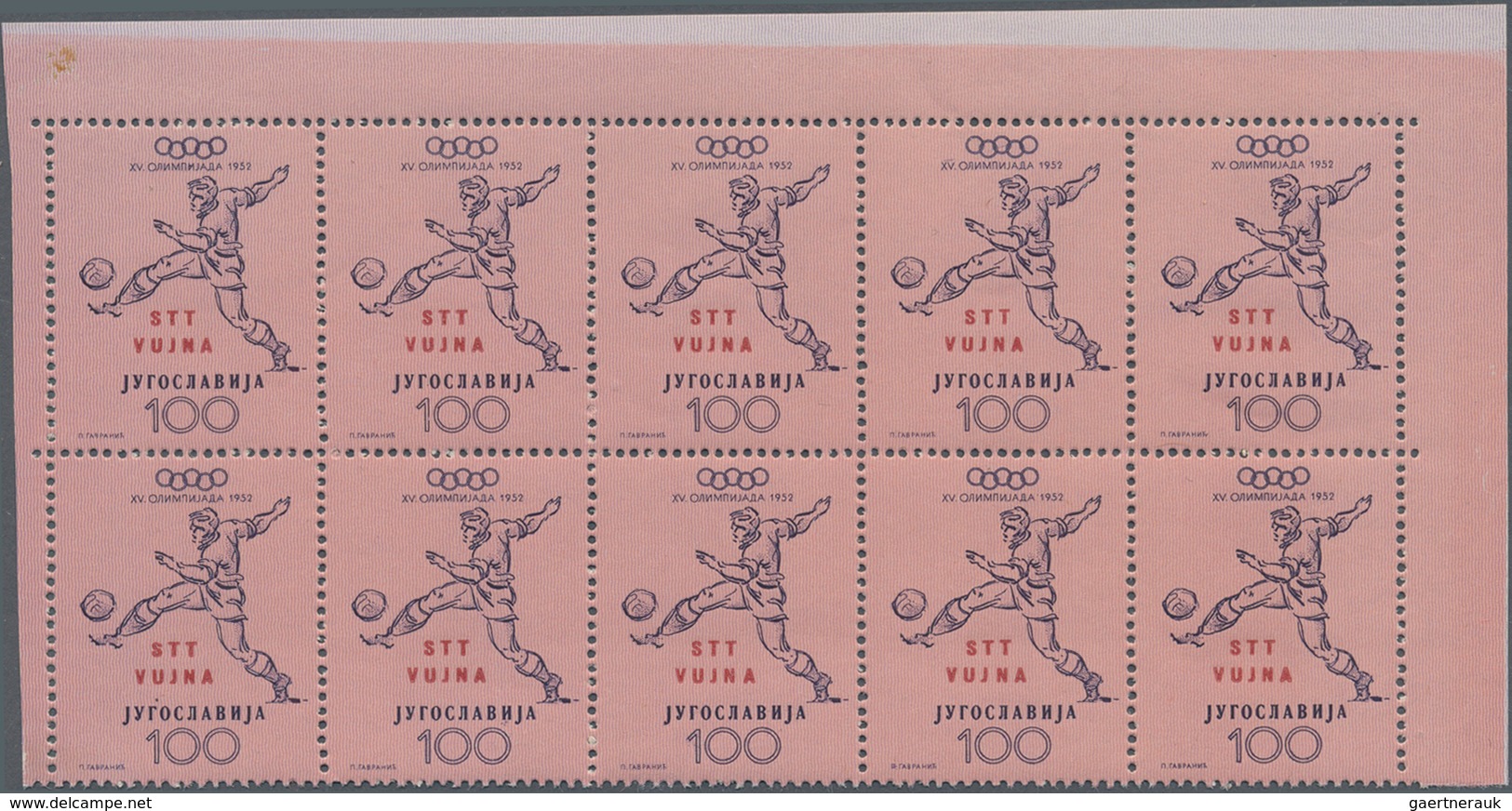 Triest - Zone B: 1952, Yugoslavia Summer Olympics Helsinki 100din. Blue/rose ‚Football‘ With Red Opt - Nuevos