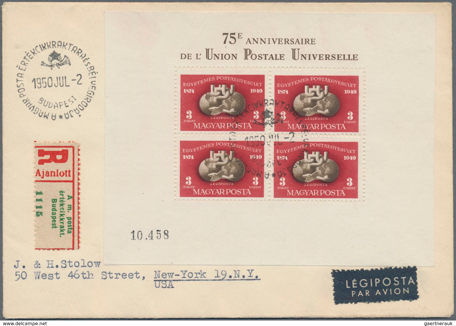 Ungarn: 1950, 75th Anniversary Of UPU, Lot Of Four Souvenir Sheets: Perf. Sheet MNH, Used And On F.d - Briefe U. Dokumente