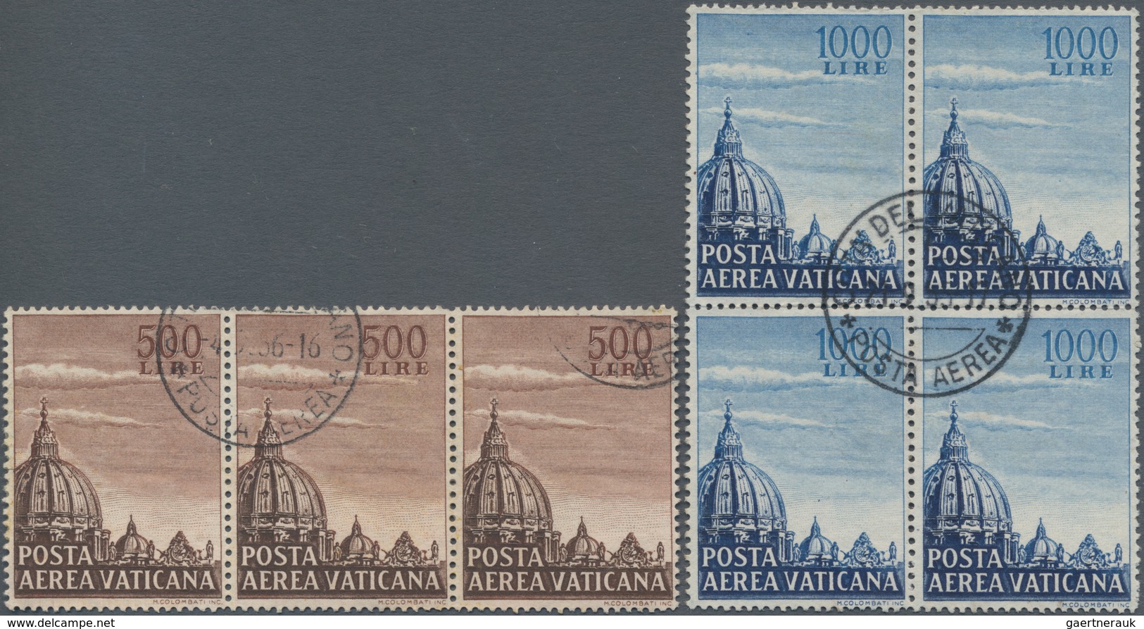 Vatikan: 1953, Airmail Issue Set Of Two In Larger Quantities Incl. 500l. Brown (50 Mostly In Horiz. - Colecciones