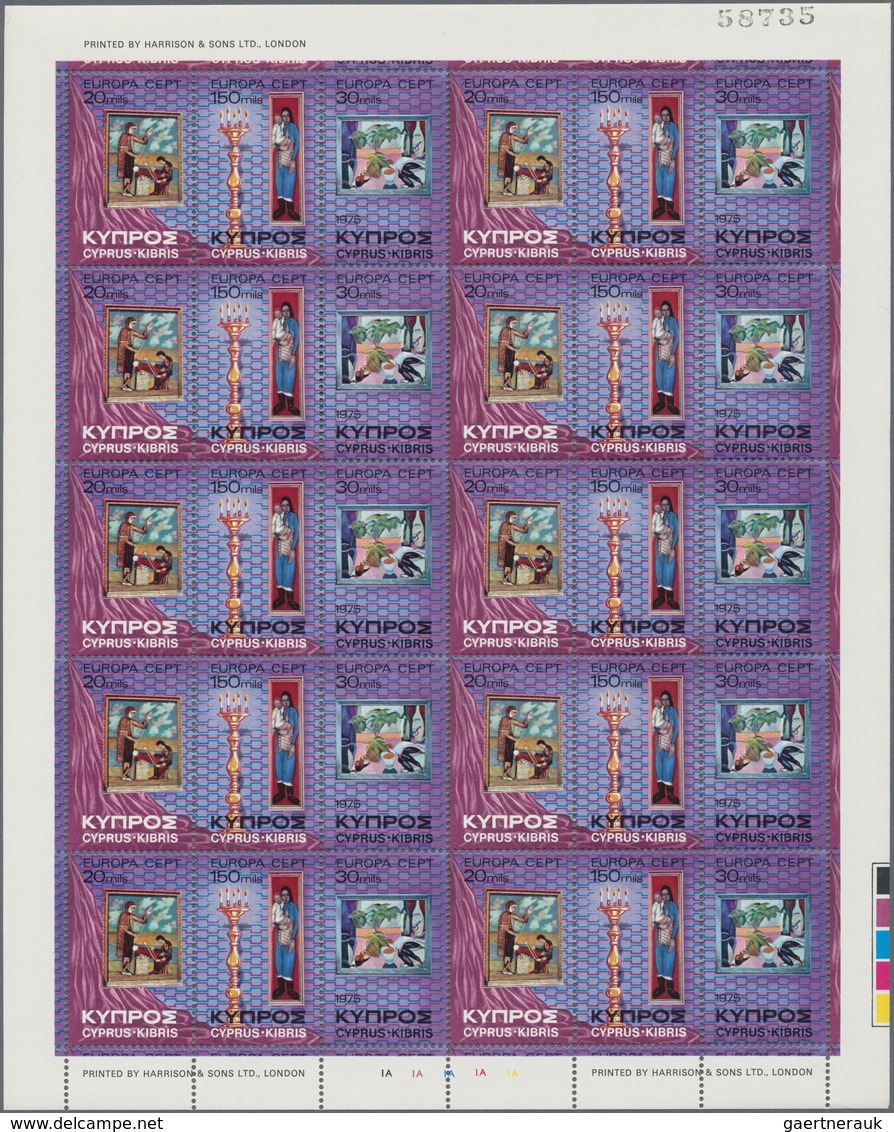 Zypern: 1975, Europa-CEPT ‚paintings‘ Se-tenant Set Of Three In A Lot With 210 Complete Sheets With - Otros & Sin Clasificación