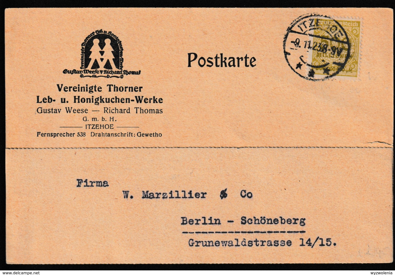 N 457) DR 1923 Infla Mi# 324 W EF Itzehoe 9.11.: Thorner Leb- U Honigkuchen (Einriss Rechts), Interessanter Inhalt - Cartas & Documentos