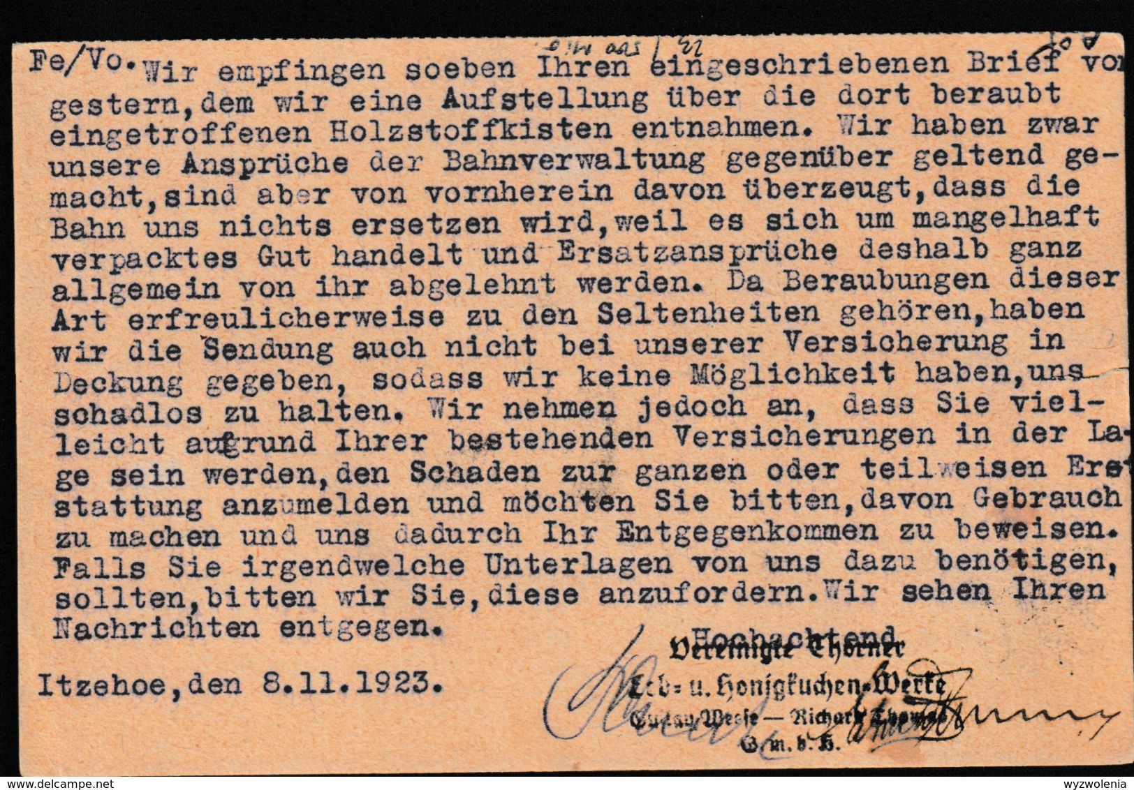 N 457) DR 1923 Infla Mi# 324 W EF Itzehoe 9.11.: Thorner Leb- U Honigkuchen (Einriss Rechts), Interessanter Inhalt - Cartas & Documentos