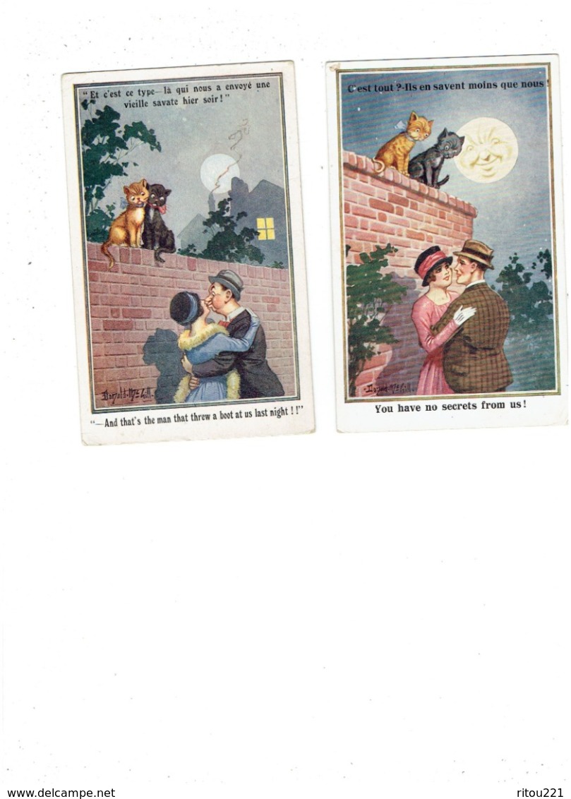 Lot 2 Cpa Illustration Humour DONALD MAC GILL - Chats Lune Femme Homme Amoureux Chapeau - Mc Gill, Donald