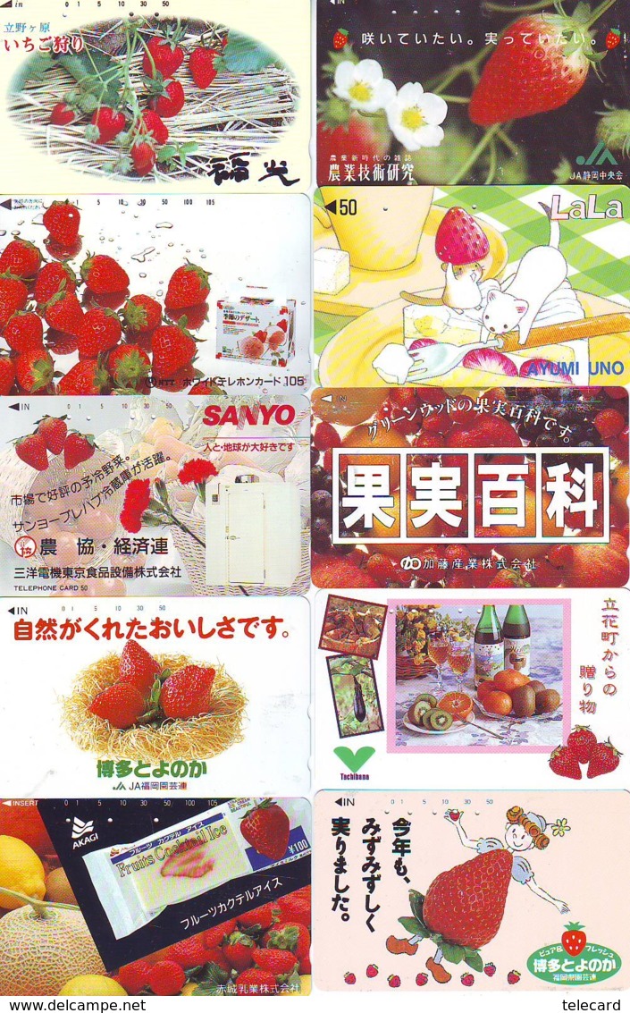 10 Télécartes - Prepaid Différentes JAPON * FRAISE (LOT A-118) JAPAN 10 DIFF STRAWBERRIES * PHONECARDS * 10 VERSCH TK - Alimentazioni