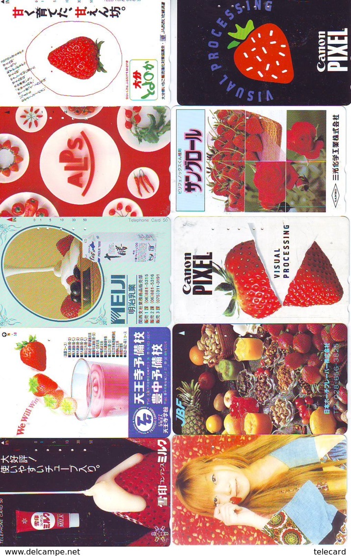 10 Télécartes - Prepaid Différentes JAPON * FRAISE (LOT A-126) JAPAN 10 DIFF STRAWBERRIES * PHONECARDS * 10 VERSCH TK - Levensmiddelen