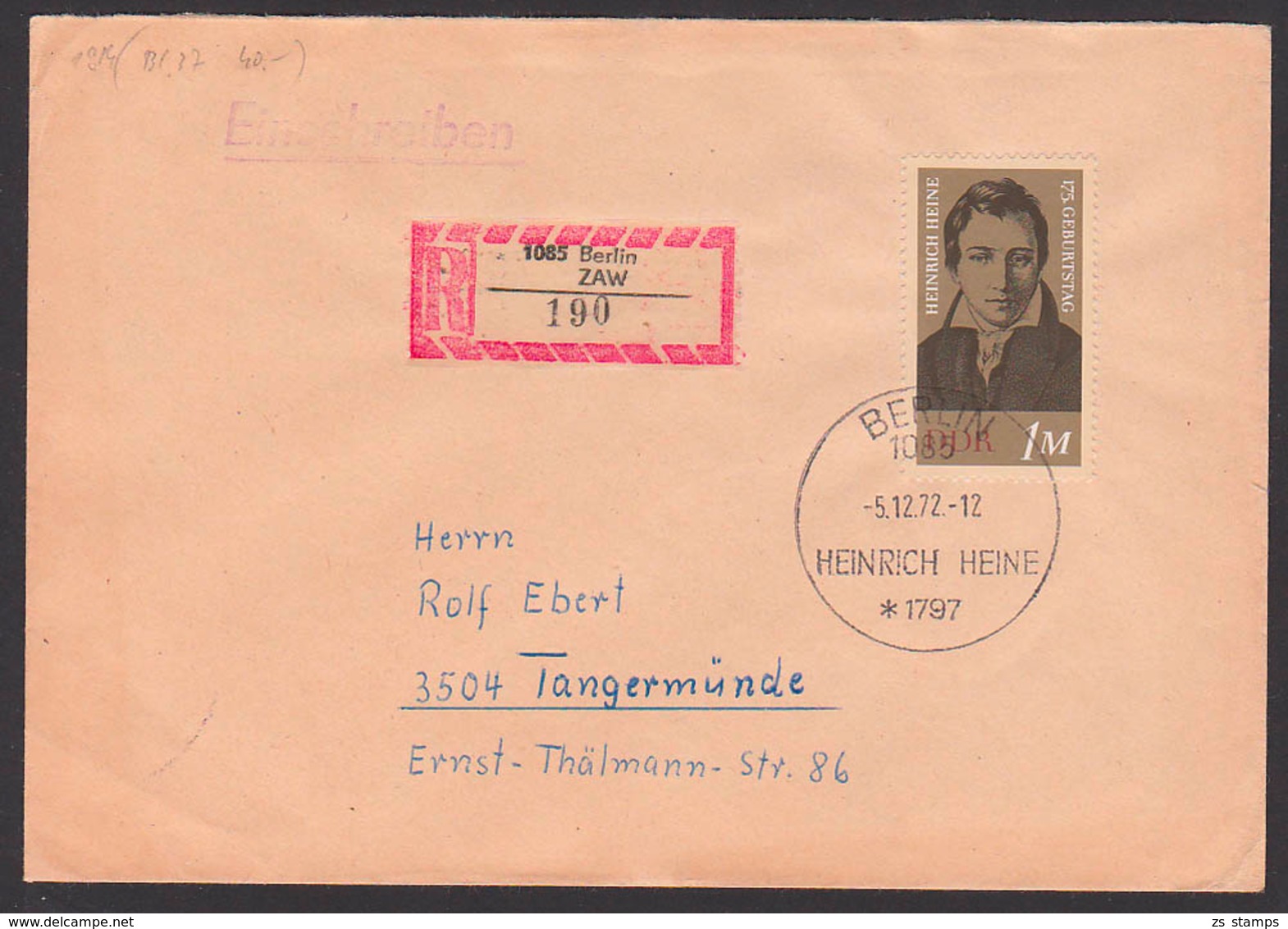 Germany Heinrich Heine Dichter Poet DDR FDC 1914, R-Brief Marke Aus Block 87, Berlin ZAW (190) - Sonstige & Ohne Zuordnung