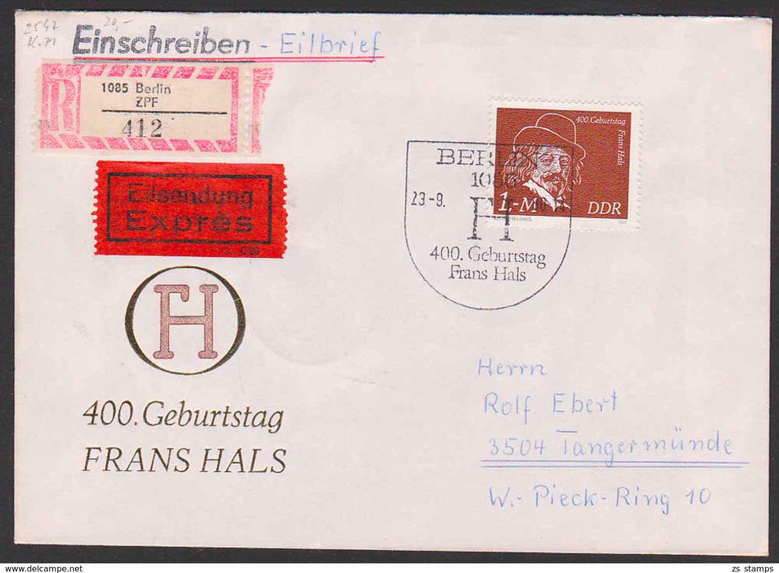 Frans Hals, Germany, DDR FDC 2547, R-Eil-Brief Marke Aus Block 71, Portogenau SoSt. 400. Geburtstag, Berlin ZPF (412) - Sonstige & Ohne Zuordnung