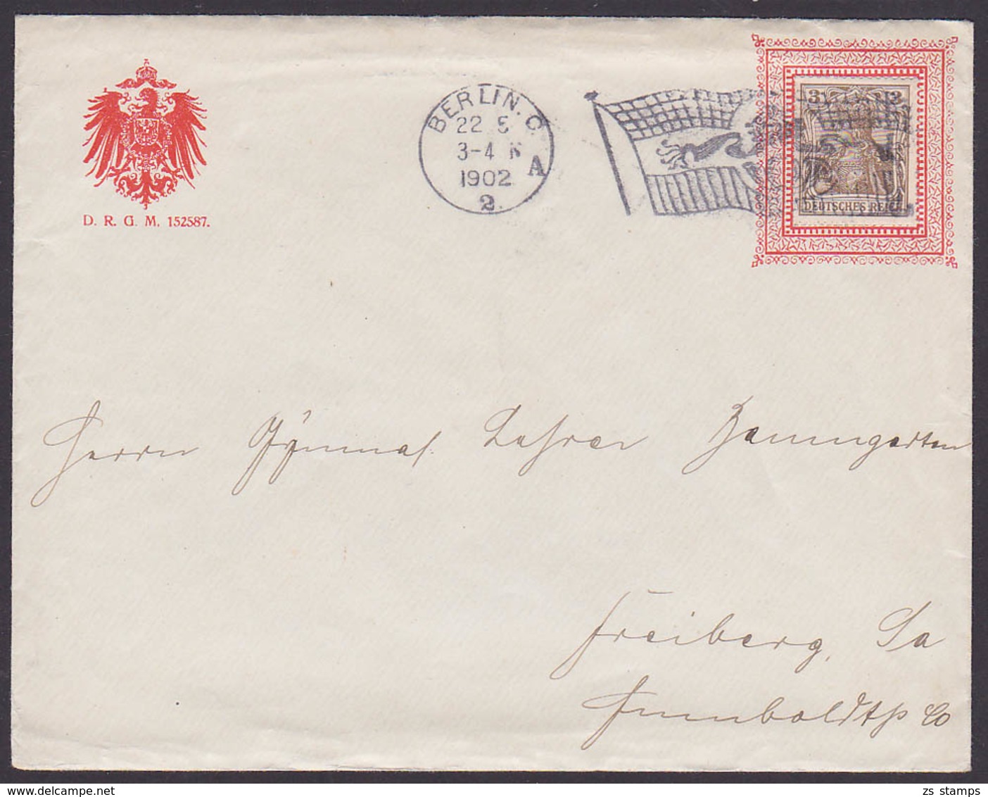 Flaggenstempel Mit Posthorn BERLIN C 2, 22.5.1902 Auf Vordruckbrief D.R.G. M. 152587 Reichsadler Nach Freiberg, 3 Pf. Ge - Franking Machines (EMA)