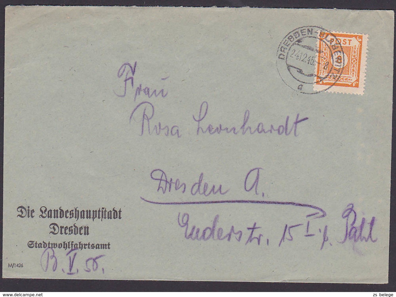 Saxonie SBZ Ostsachsen 8 Pf. MiNr. 59 Dresden-Blasewitz 24.12.45, Behörde  Die Landeshauptstadt Stadtwohlfahrtsamt - Other & Unclassified