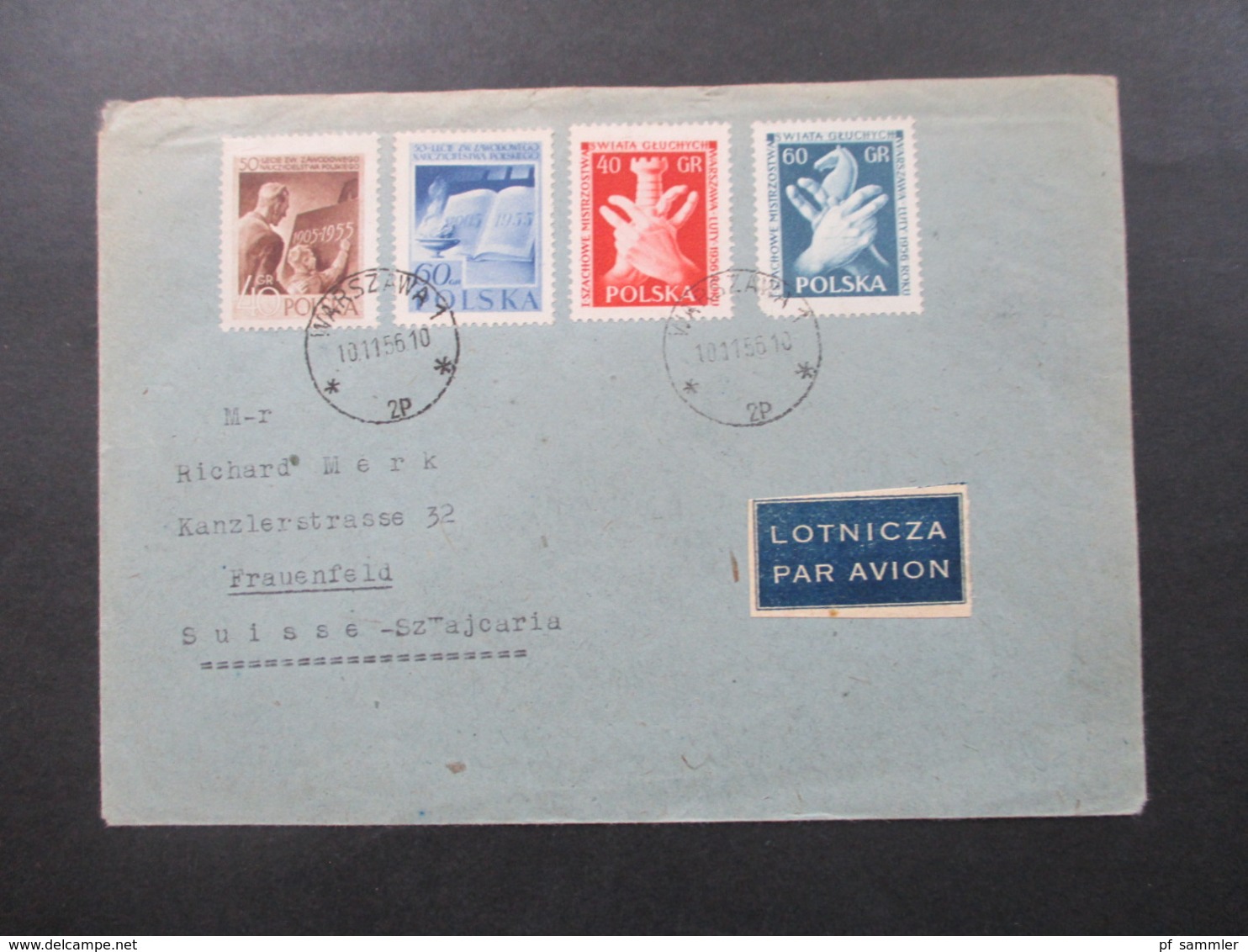 Polen 1956 Luftpostbrief / Lotnicza Par Avion Nr. 952 - 955 MiF Lehrerverband Und Schach Nach Frauenfeld Schweiz - Brieven En Documenten