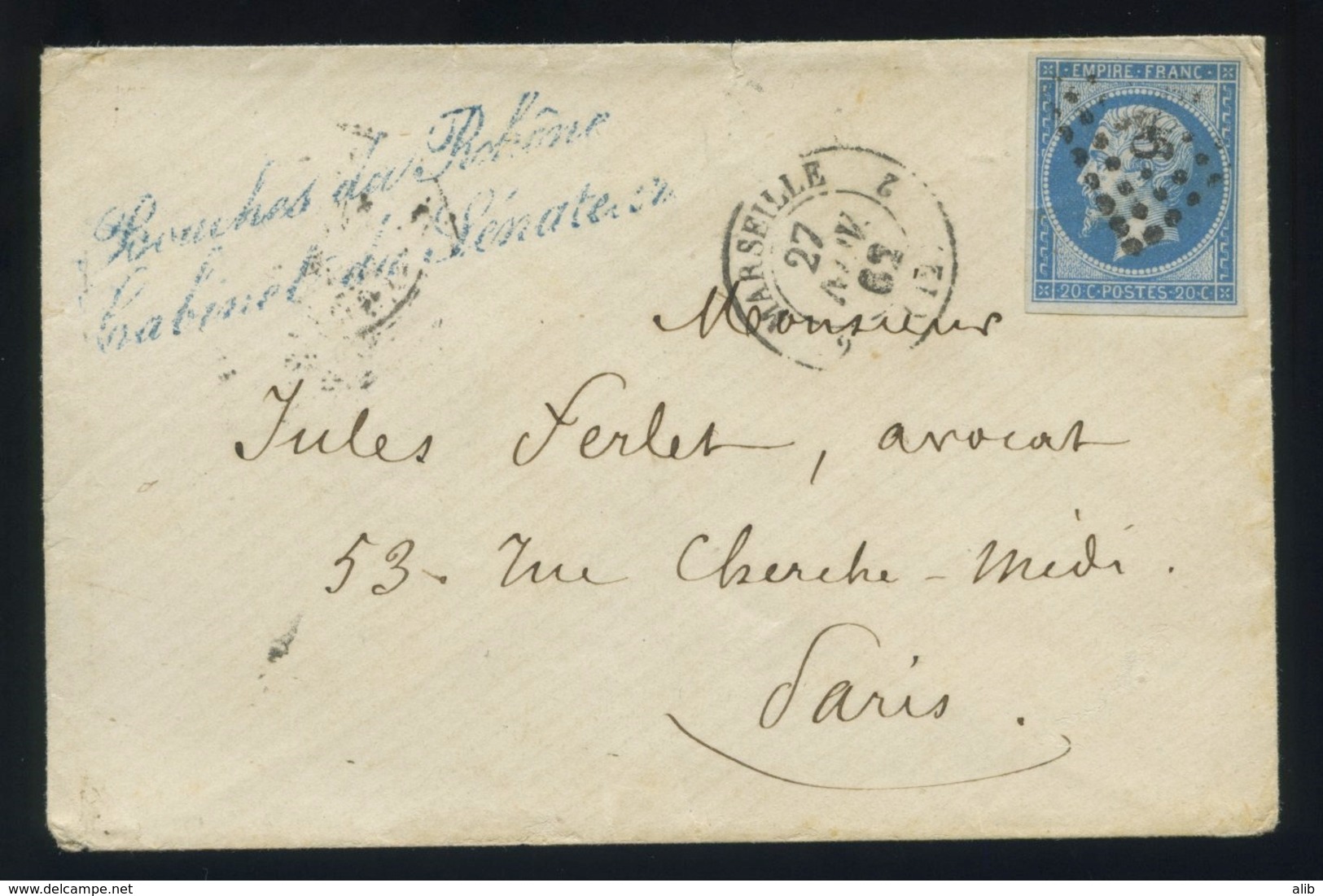 Envelop France 1853-60 Napoléon III Non Dentelé 25c Bleu Type II No14b-De Marseille (PC 1896) à Paris-Cabinet Du Sénateu - 1849-1876: Klassik