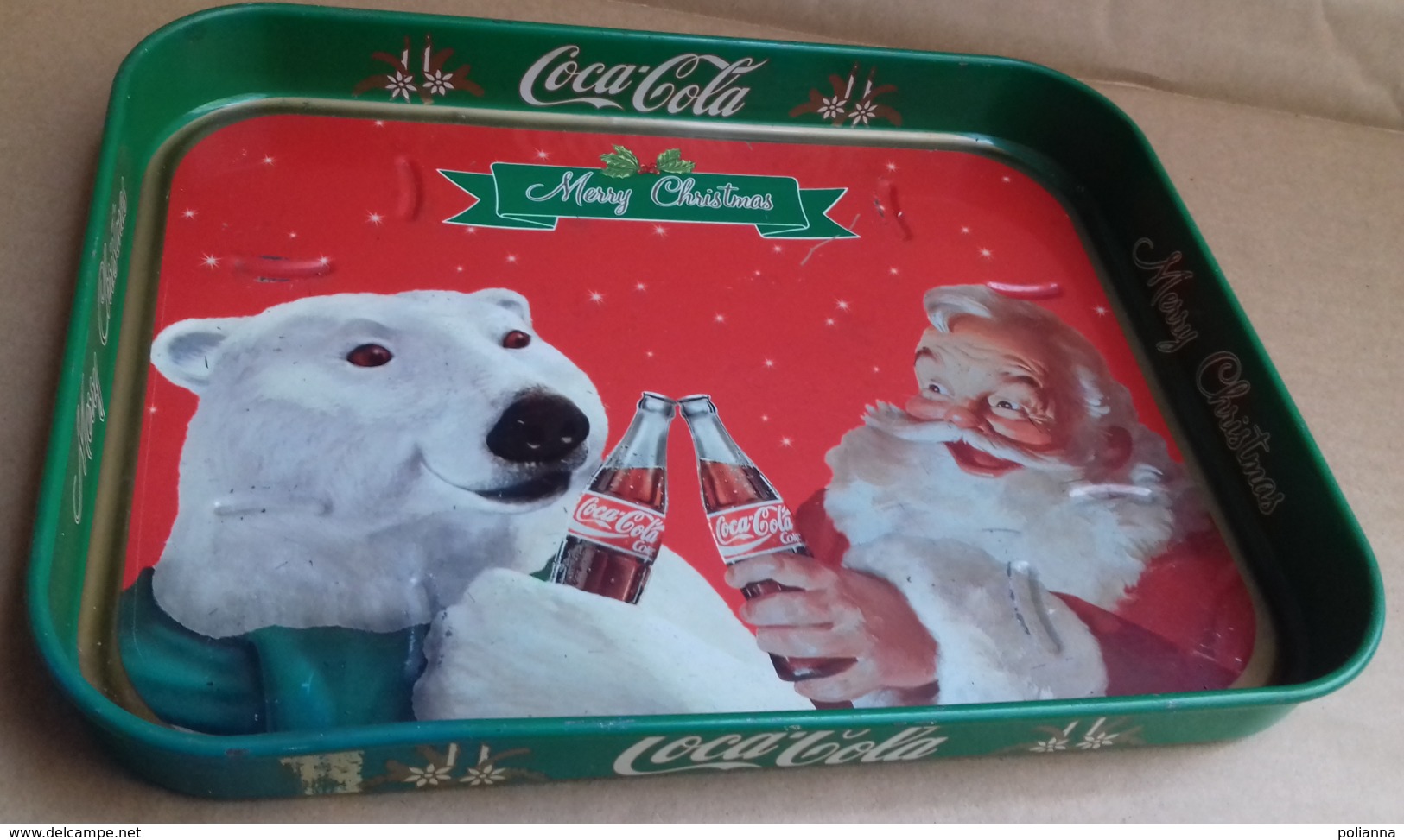 M#0V40 VASSOIO IN LATTA VINTAGE MERRY CHRISTMAS COCA COLA/BABBO NATALE SANTA CLAUS ORSO POLARE - Sonstige & Ohne Zuordnung