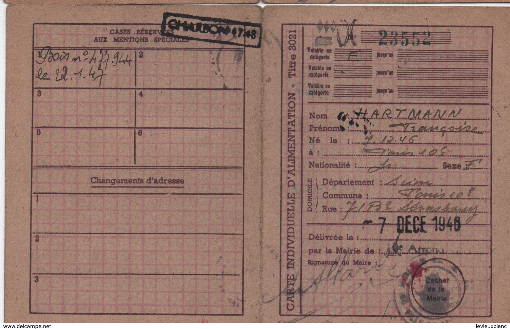 Carte Individuelle D'Alimentation/Titre 3021/ Bd Strasbourg Paris Xéme/ HartmannFrançoise/ 1946    OL127 - 1939-45