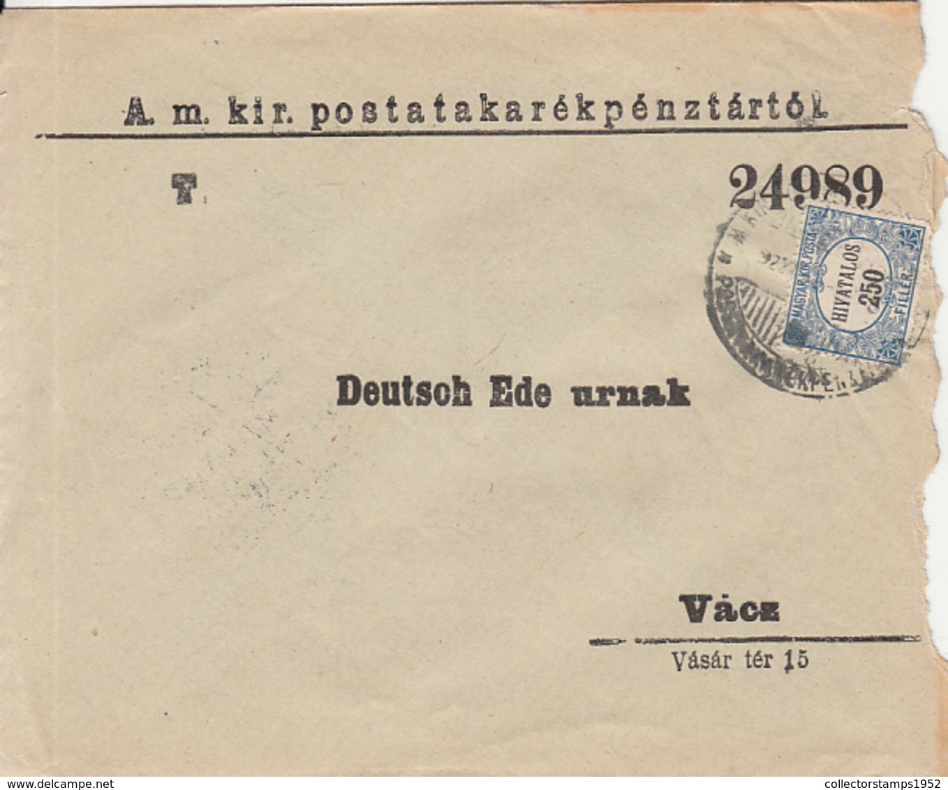 7344FM- 250 FILLER OFFICIAL STAMP ON POST SAVINGS BANK HEADER COVER, 1922, HUNGARY - Dienstmarken