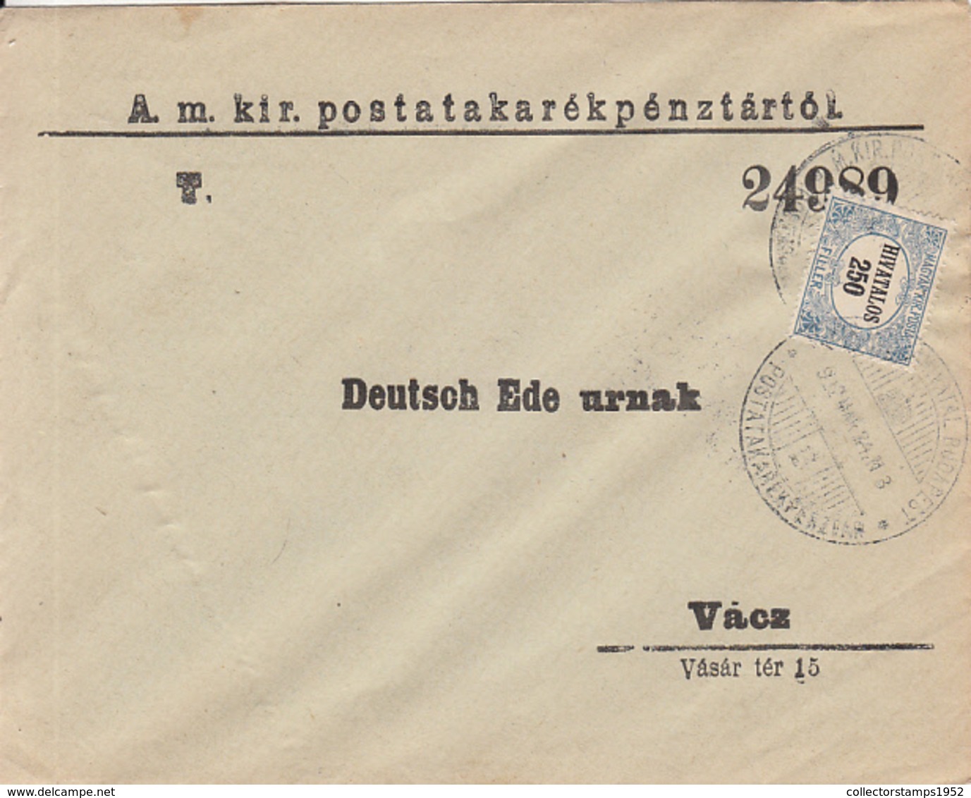 7345FM- 250 FILLER OFFICIAL STAMP ON POST SAVINGS BANK HEADER COVER, 1922, HUNGARY - Dienstmarken