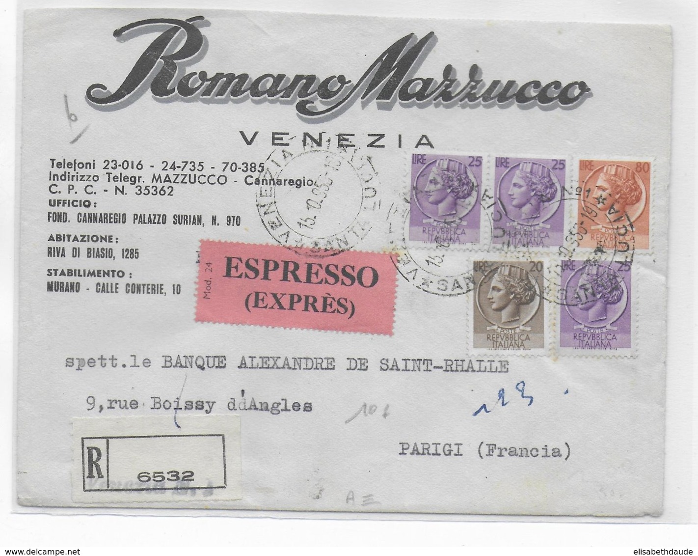 ITALIE - 1956 - ENVELOPPE EXPRES RECOMMANDEE De VENEZIA => PARIS - 1946-60: Storia Postale