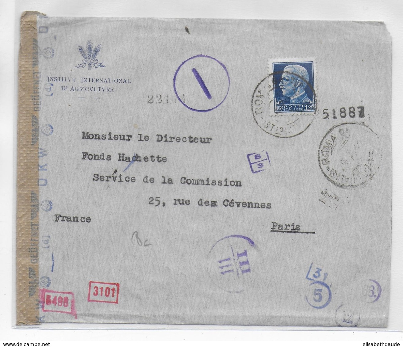 ITALIE - 1942 - ENVELOPPE De L'INSTITUT INTERNATIONAL D'AGRICULTURE à ROMA (CACHET SPECIAL) Avec CENSURE => PARIS - Poststempel