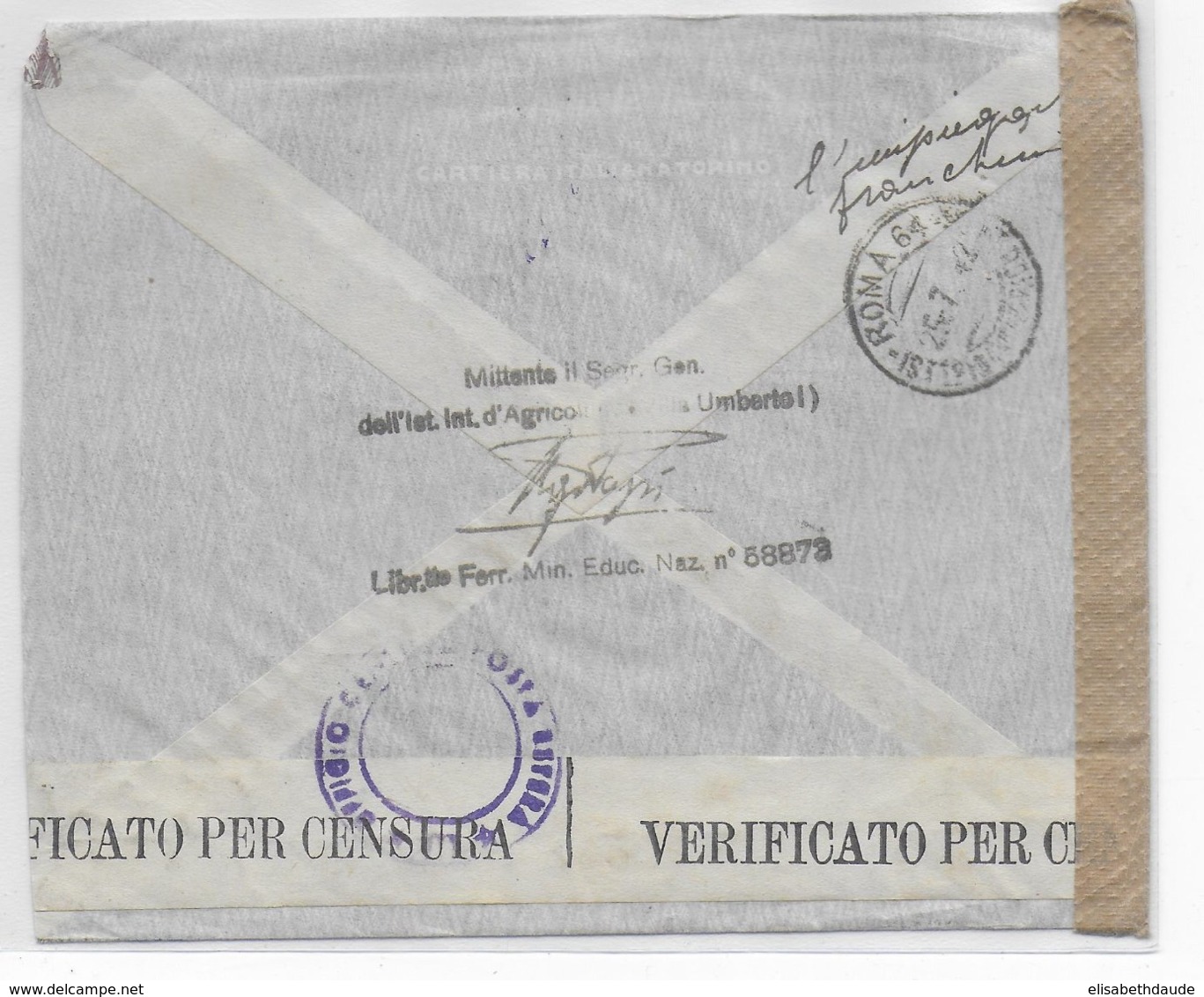 ITALIE - 1942 - ENVELOPPE De L'INSTITUT INTERNATIONAL D'AGRICULTURE à ROMA (CACHET SPECIAL) Avec CENSURE => PARIS - Marcofilie