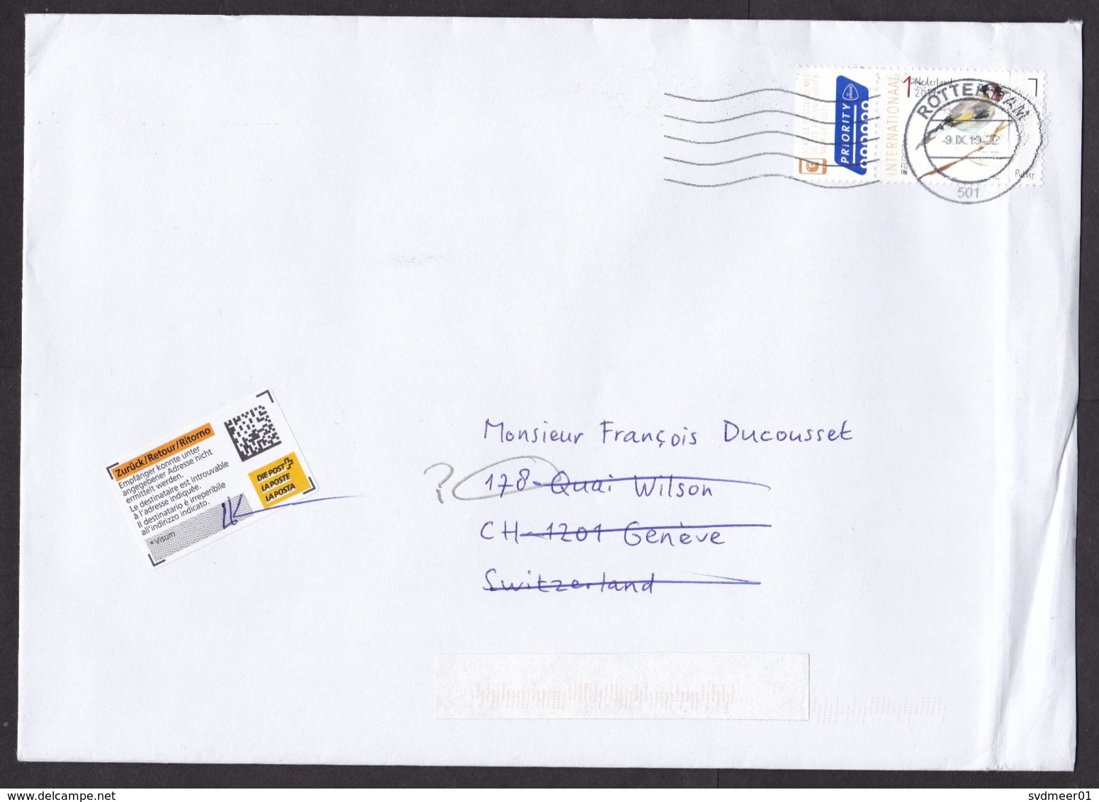 Netherlands: Cover To Switzerland 2019, 1 Stamp + Tab, Bird, Returned, Retour Label Incorrect Address (damaged: Creases) - Lettres & Documents