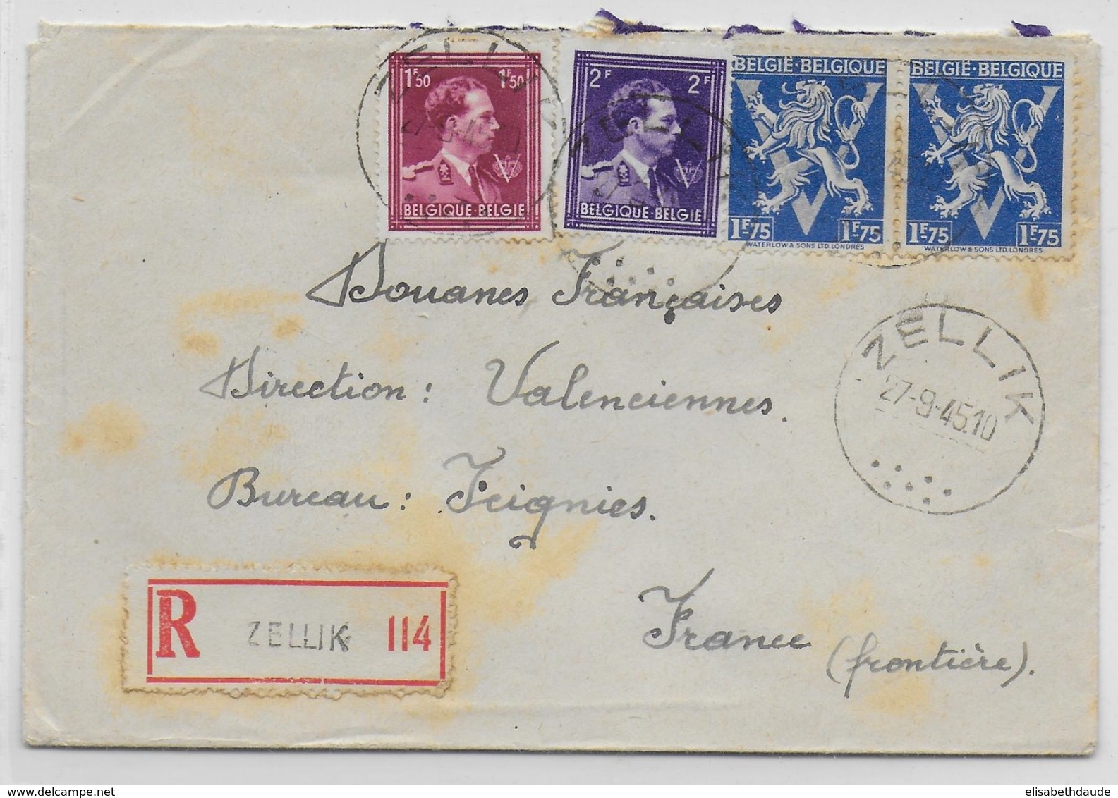 BELGIQUE - 1945 - ENVELOPPE RECOMMANDEE De ZELLIK => DOUANES De FEIGNIES (NORD FRANCE) - Covers & Documents